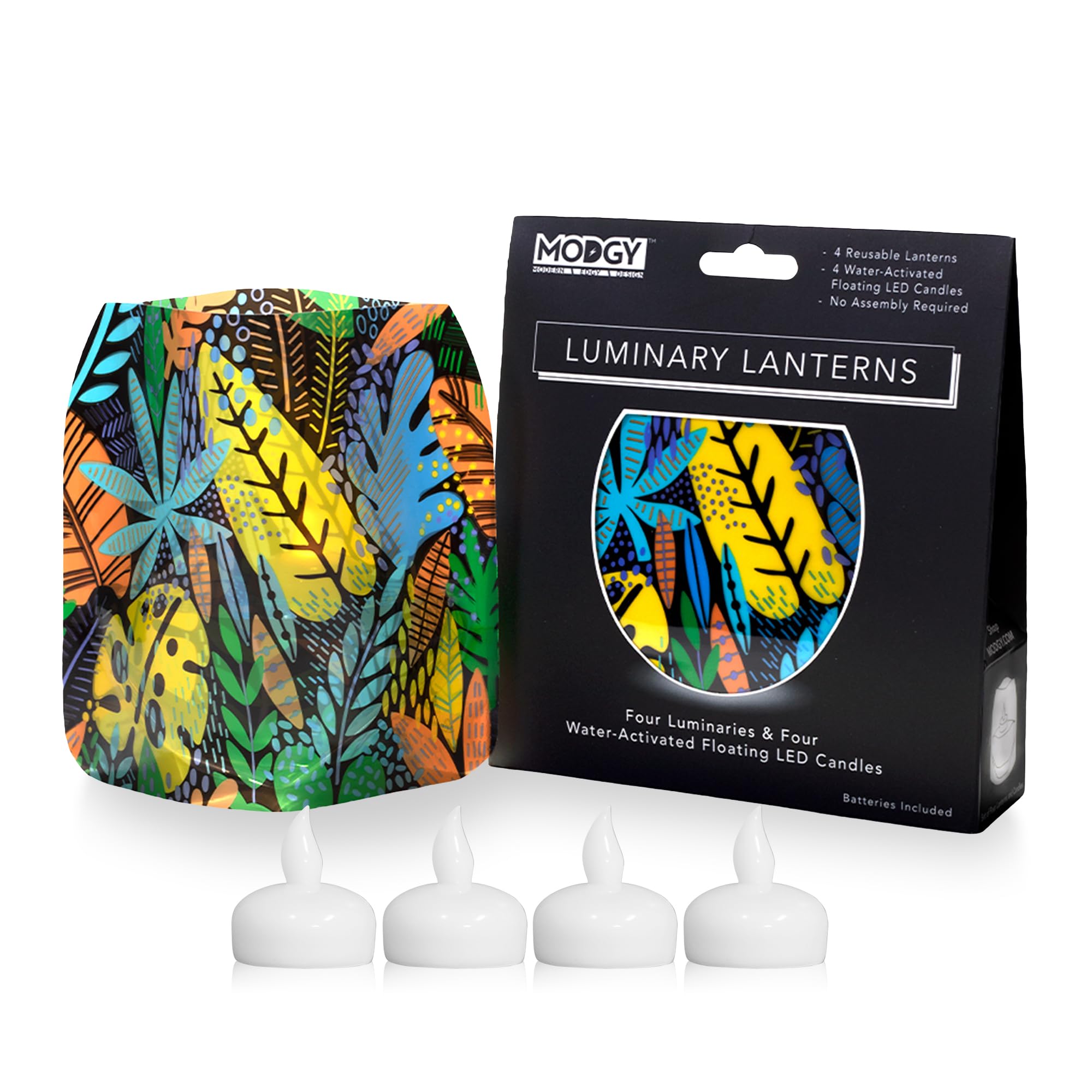 MODGY Luminary Lanterns Candle Holder Decorative Indoor Outdoor Decor, Lanterns for Wedding Centerpiece Decoration Outside Patio 4-Pack, with Flameless Floating LED Candles JungleBoogie