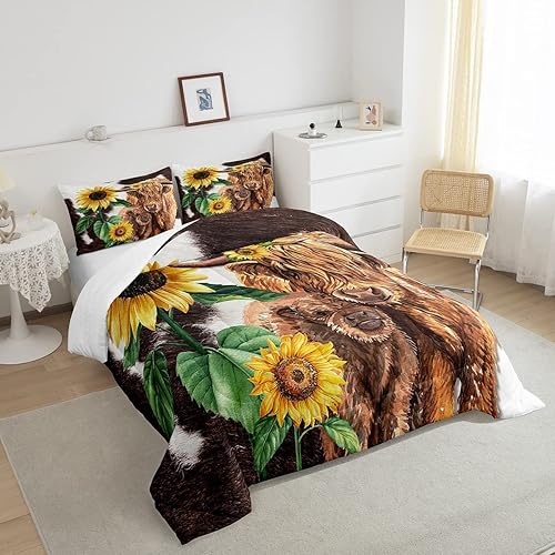 Miniatura 3 de Highland Gattle Queen - Juego de edredón con estampado de vaca marrón para niños y niñas, edredón de girasol de piel de vaca occidental, relleno de