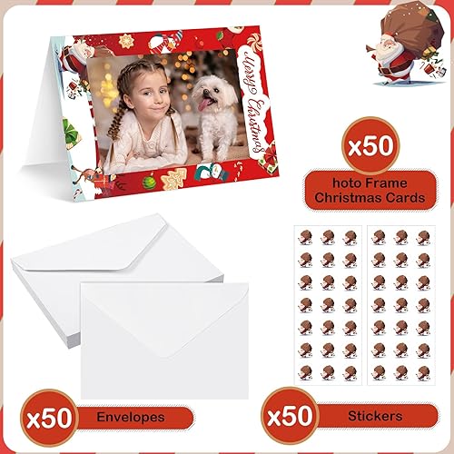 Miniatura 3 de 50 juegos de tarjetas de felicitación con marcos de fotos de Navidad con sobres y calcomanías, se adapta a 4 x 6 pulgadas, tarjetas de Navidad,