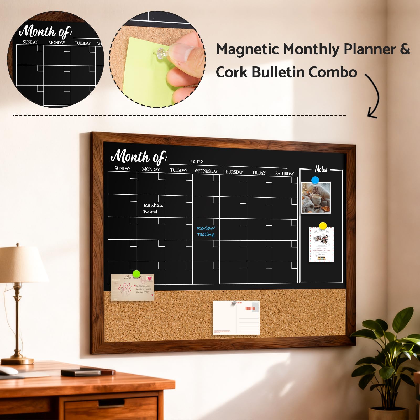 Dollar Boss Pizarra con calendario de corcho, pizarra magnética de 24 x 18 pulgadas para pared, marco de madera rústico, calendario mensual, planificación, menú, tablero, para oficina, hogar, escuela,