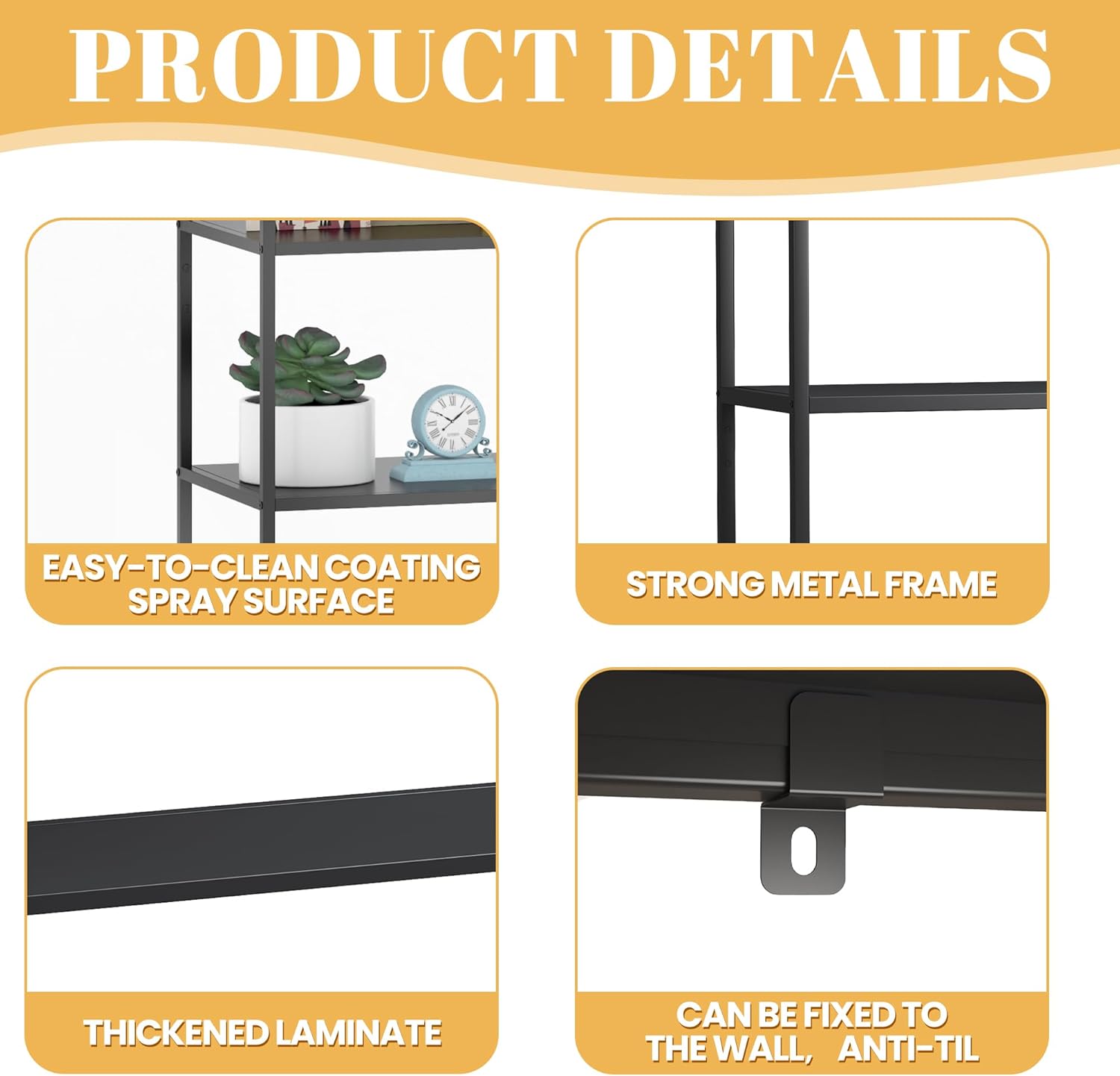 4 Tier Metal Shelves, Modern Shelf for Home & Office, Industrial Bookshelf with Sturdy Steel Frame, Tall Shelf Perfect for Living Room and Workspace, Require Assembly