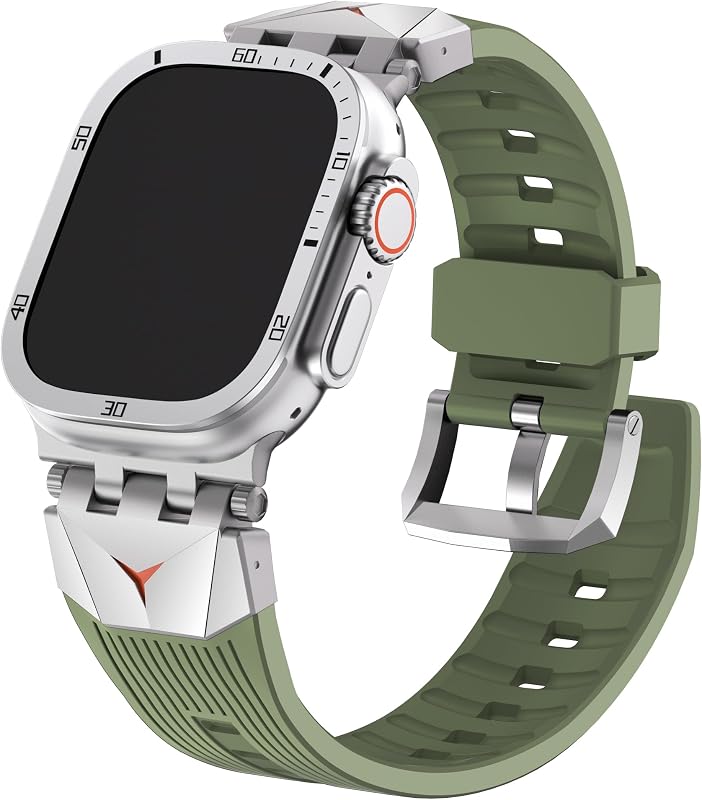Fullmosa Bandas compatibles con Apple Watch 49 mm Ultra3/Ultra2/Ultra, correa de TPU resistente para iWatch con protector de pantalla para hombres, verde militar y plateado