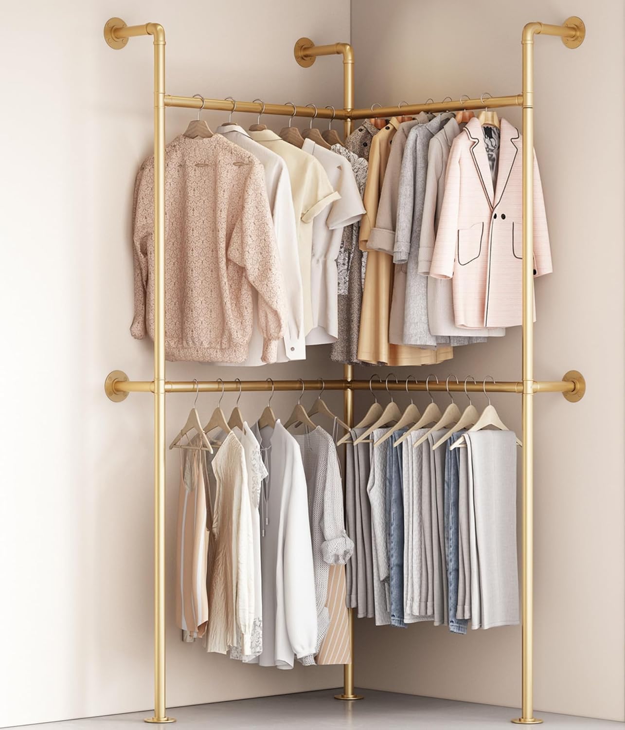 Industrial Pipe Gold Clothing Racks Wall Mounted, Rustic Gold Industrial Pipe Clothes Rack Design - Stylish & Heavy Duty Corner Garment Racks, Perfect for Home or Retail Display 4Rod-75.6"W Gold