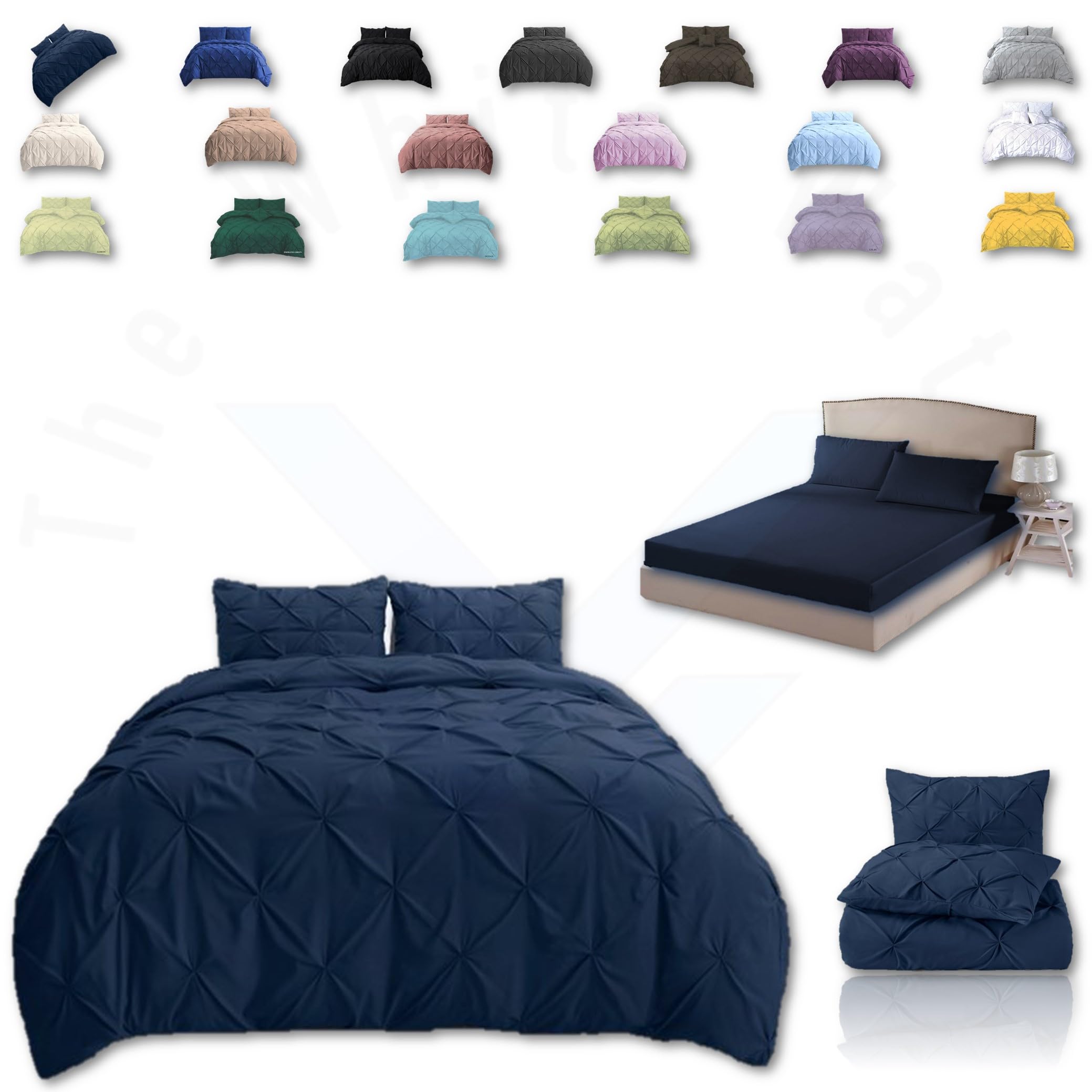 TheWhiteWater Duvet Set - 2/3 in 1 Bedding Set - Duvet Cover + Matching Pillowcases + Fitted Bed Sheets - NPolycotton Pintuck Cover (Navy, 3 in 1 Bedding Set - Double)