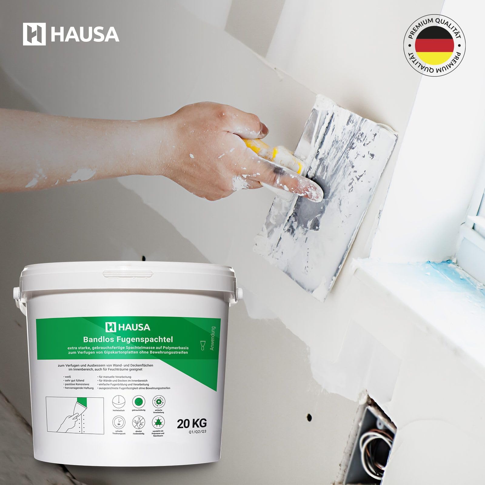 HAUSA HFB Mastic de réparation Mastic prêt à l'emploi Jointoiement de plaques de plâtre sans bandes de renfort pour murs plafonds à l'intérieur Remplissage de fissures blanc 20kg