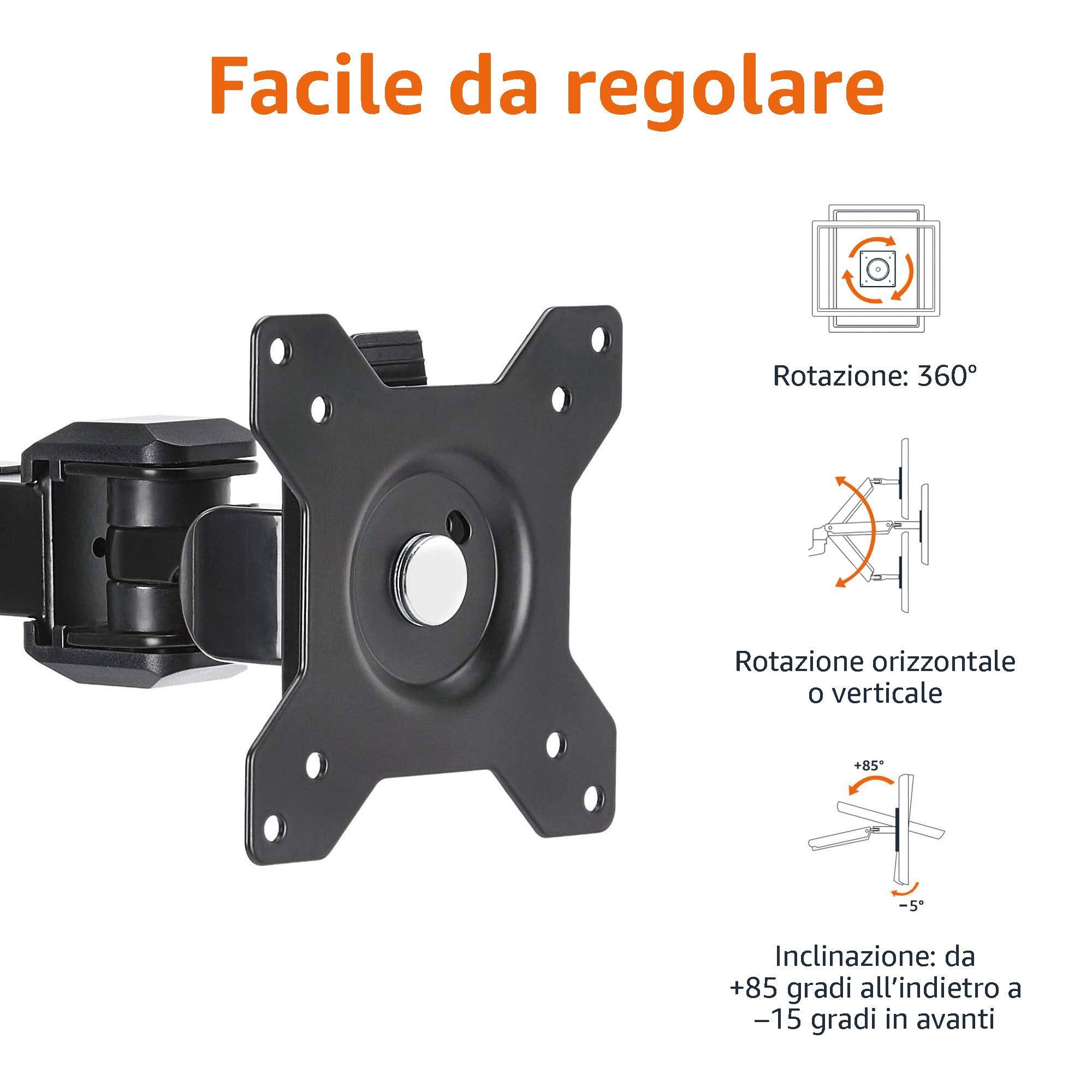 Amazon Basics Supporto per Singolo monitor, con montaggio a scrivania, braccio regolabile in altezza, in acciaio, Nero
