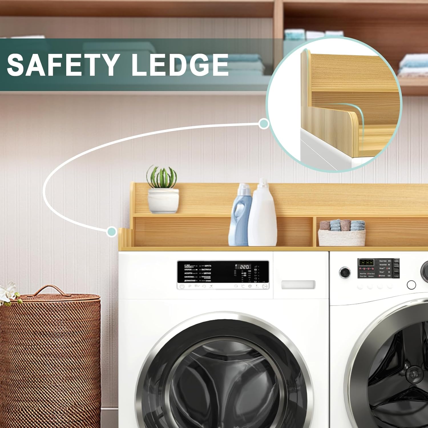 Natural Wood Laundry Countertop with Metal Shelf and Guardrails