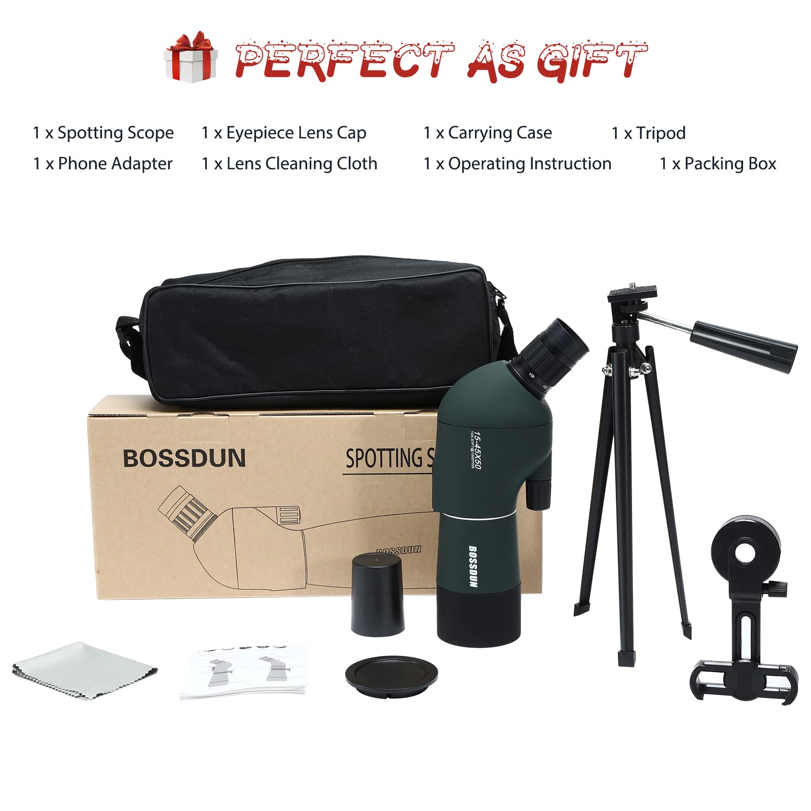 Cannocchiale con Treppiede, Borsa per il Trasporto e Adattatore per Smartphone, FMC Ottica Bak4 Prisma Telescopio Spotting Scope con Smartphone Adapter per Tiro a Segno Birdwatching Caccia (Green)