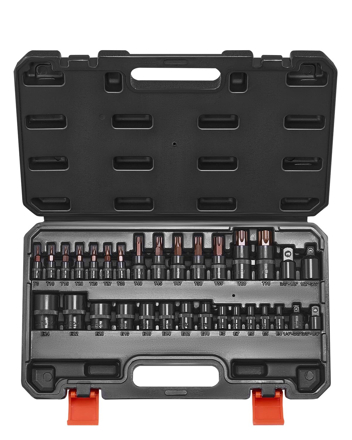 VEVOR Jeu de Douilles Torx et Torx Externes 31PCs, T8-​T70 et E4-​E24, Entraînements 1/​4, 3/​8 et 1/​2 po (6,​35 mm, 9,​5 mm, 12,​7 mm), en Acier Allié S2 et Acier Cr-​V, avec Coffret, Mécanicien Réparation