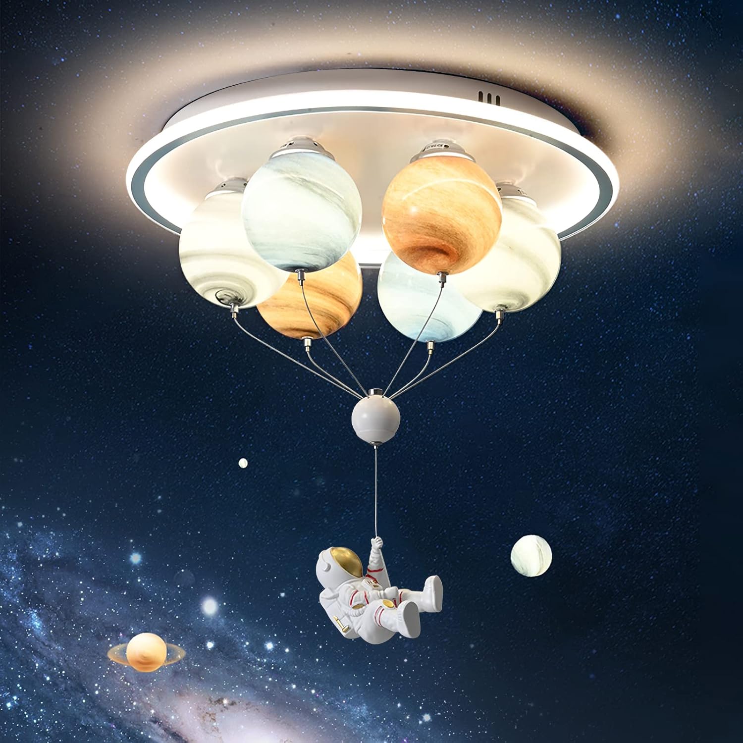 Cartoon Astronaut Cell Light Modern Led Chandelier - 6-Light Star Glass Lampshade with Adjustable Cord - Flush Mount Ceiling Light for Children's Bedroom, Nursery, Living Room