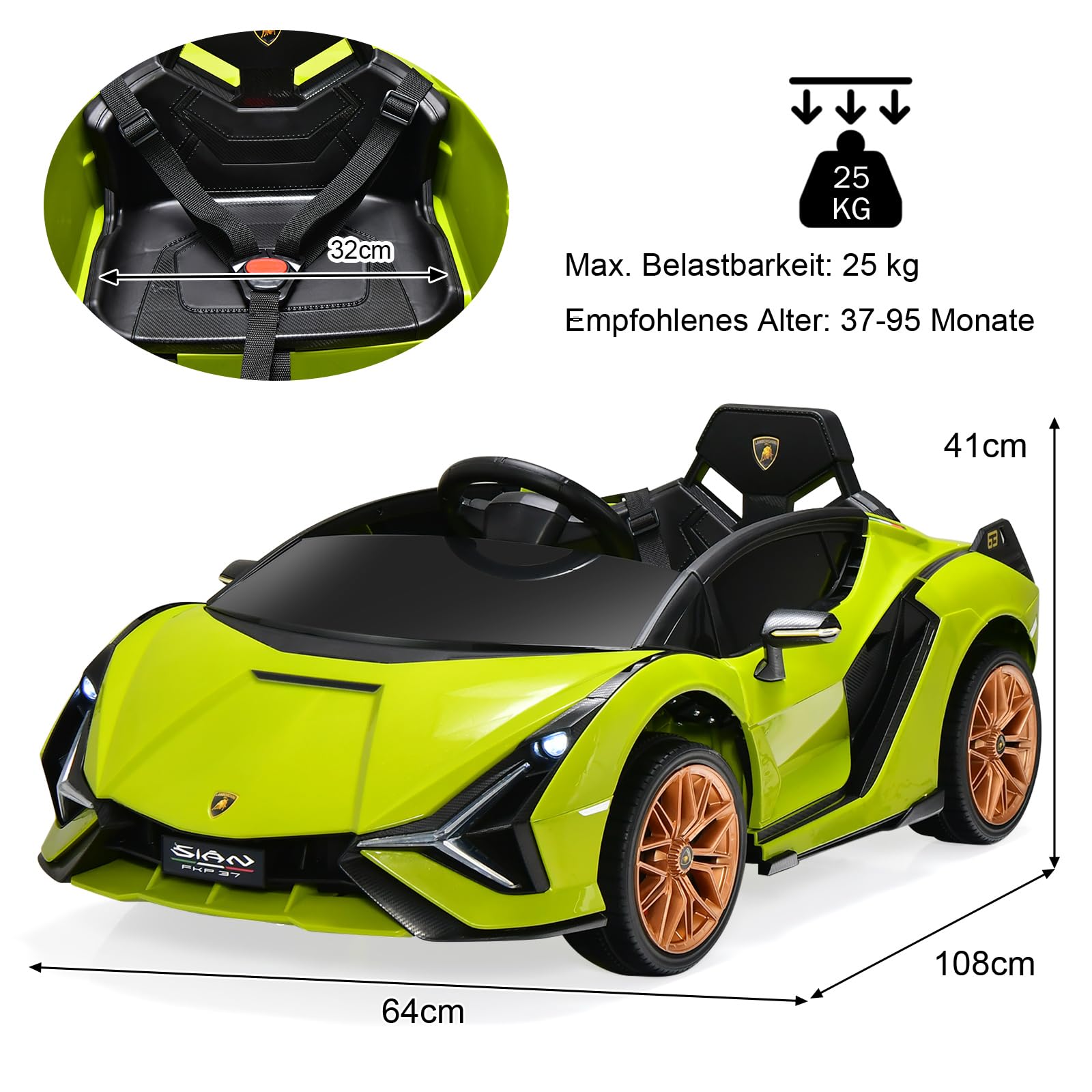 DREAMADE Kinder Elektroauto 12V mit 2,4 Ghz Fernbedienung & Sicherheitsgurt, Kinderauto, Kinderfahrzeug mit Licht & Musik & Hupe, Elektrofahrzeug für Kinder ab 3 Jahre (Grün)