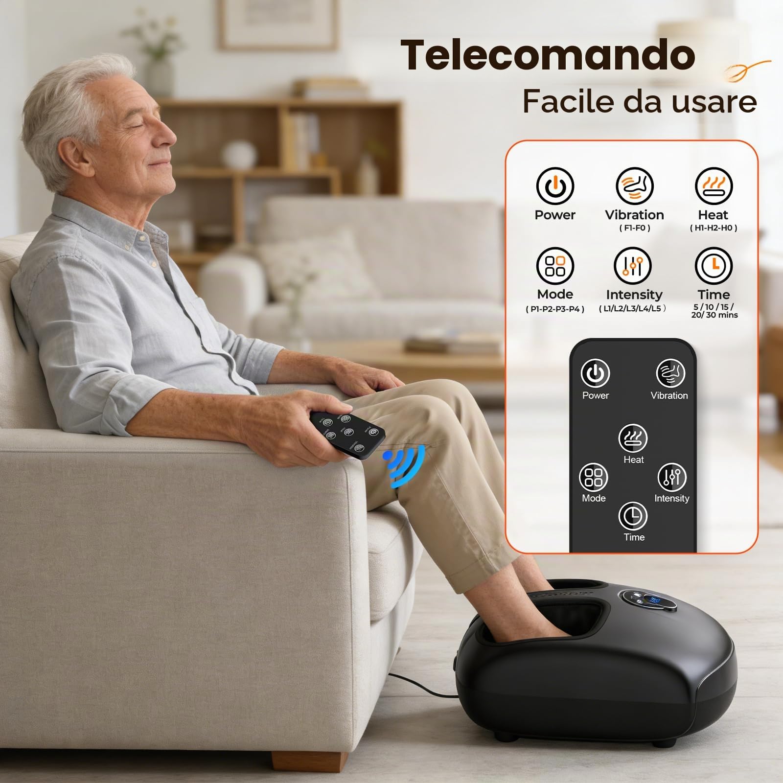 HTM Massaggiatore Piedi Elettrico Shiatsu con Calore, Impastamento, Rotolamento e Compressione, 4 Modalità e 5 Intensità, Regalo per Uomo e Donna