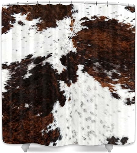 Miniatura 7 de JAWO Brown Cowhide Print Shower Curtain, Black White Cow Skin Print Bathtub Curtain, Western Farmhouse Animal Fur Bathroom Decor with Hooks, 36X72 in