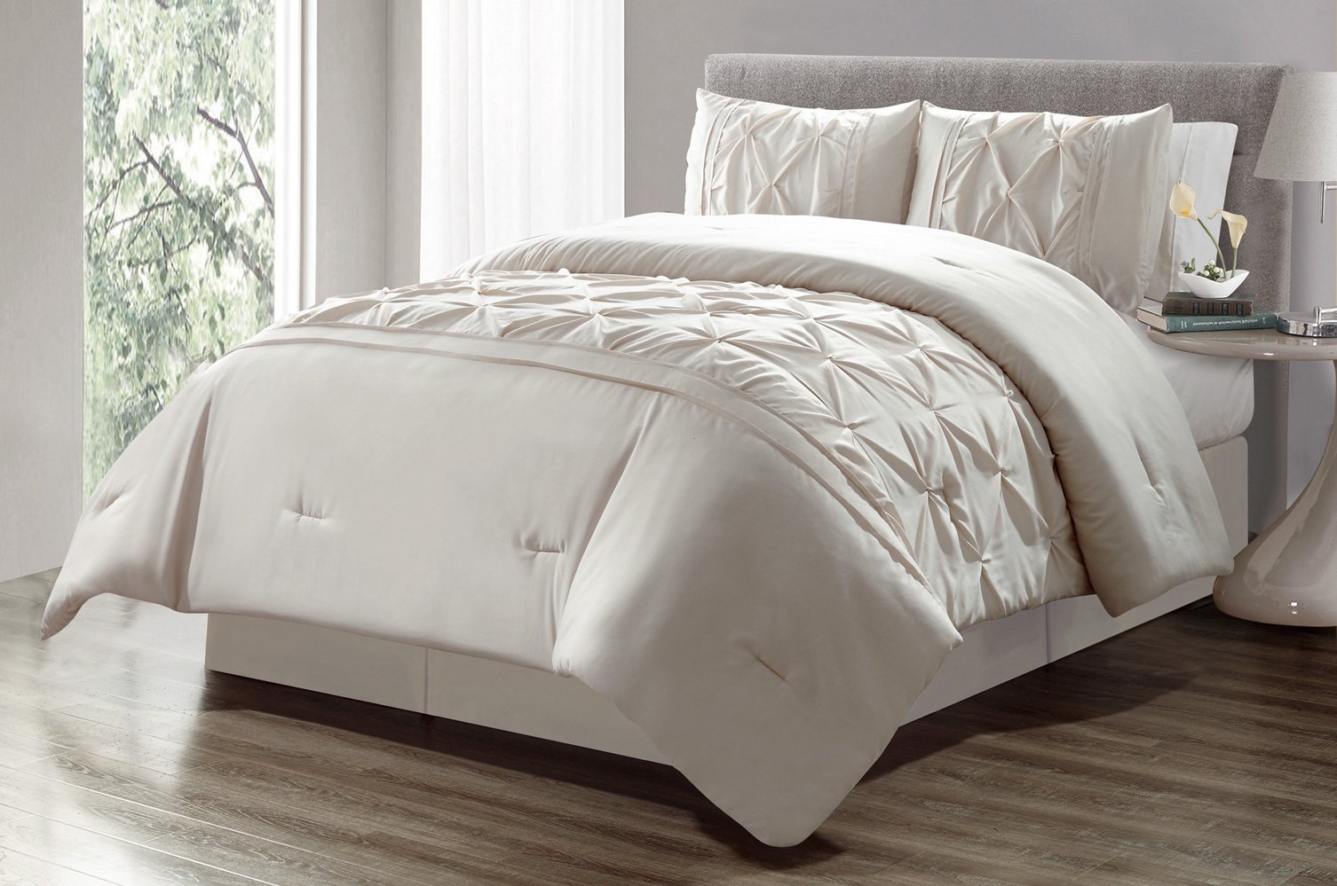 GrandLinen 3 Piece Queen Size Solid Light Grey Double-Needle Stitch Puckered Pinch Pleat Stripe Duvet Cover Set