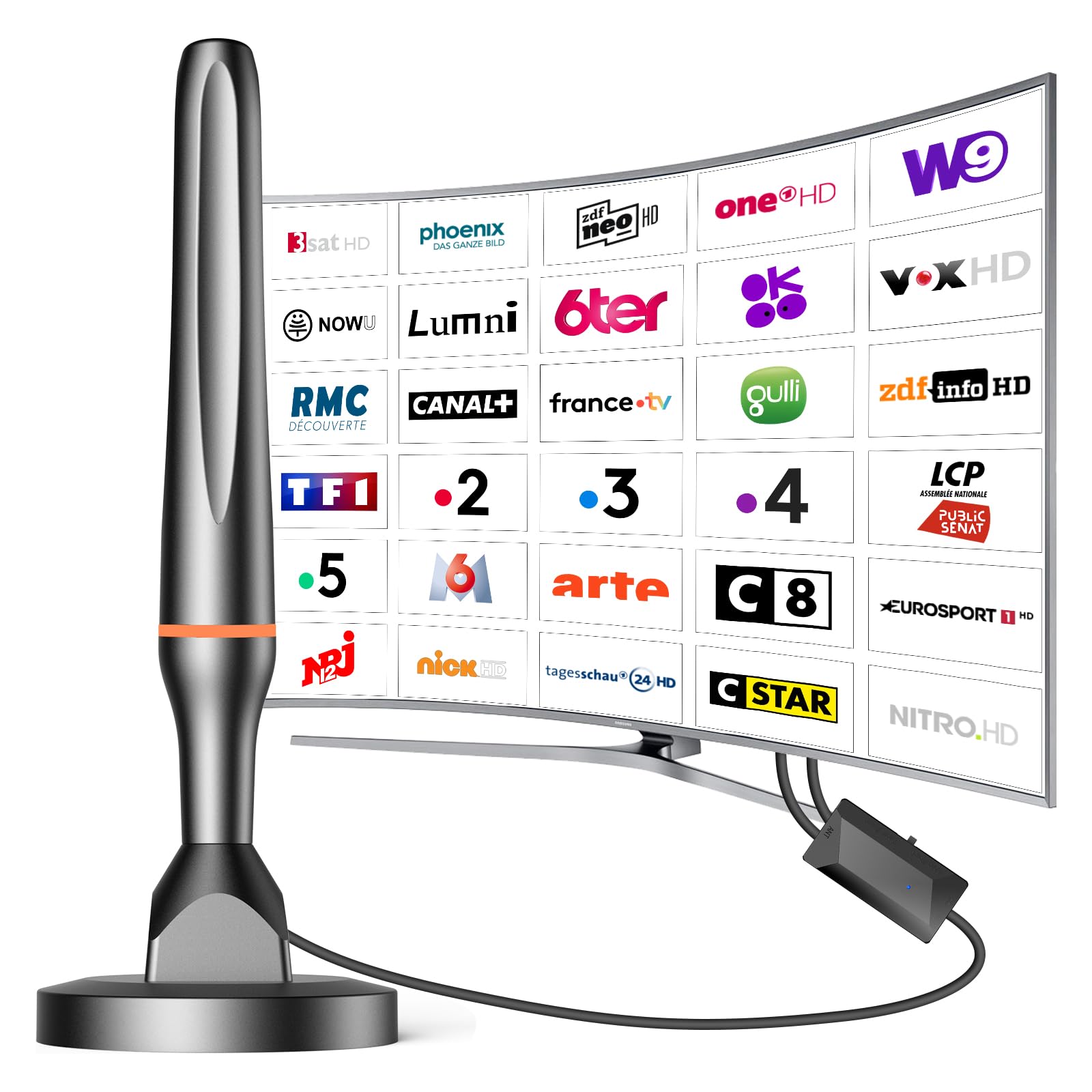 Antenne TNT Intérieure Amplifiée 2025 - Réception 360° Jusqu'à 190 Km, Support Magnétique, Pour Chaînes HD/4K Gratuites (TF1, France 2, M6...)