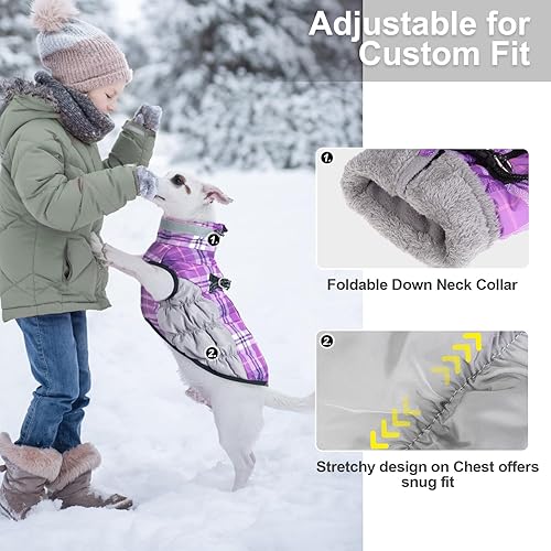 Miniatura 5 de BEAUTYZOO Abrigo de invierno a cuadros para perro, chaqueta reflectante mejorada para perro, forro polar acolchado con arnés integrado, ropa