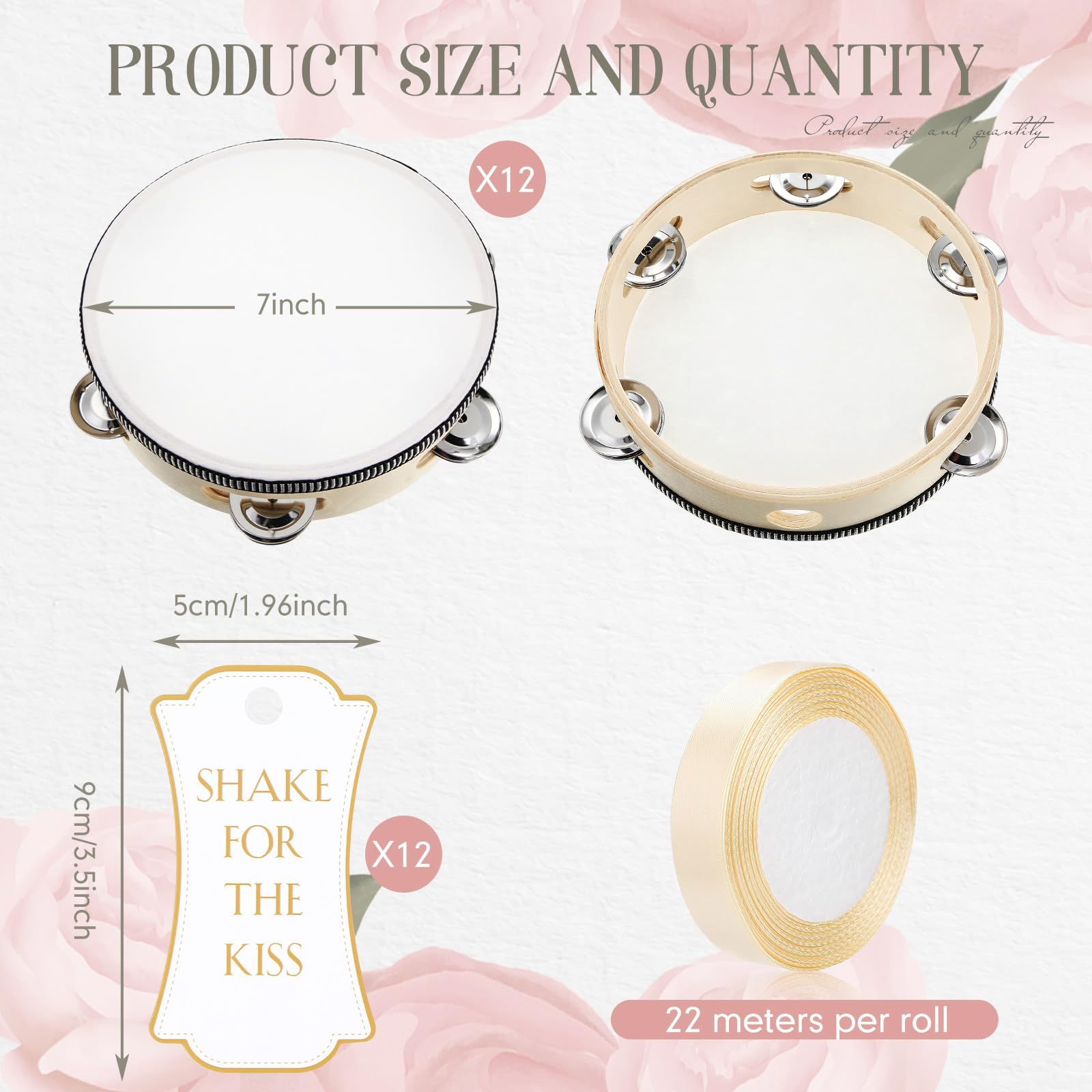 Set di 12 tamburelli da 17,8 cm per adulti, tamburelli in legno, con sonagli in metallo, etichette regalo, nastro a percussione strumento musicale per matrimoni in chiesa (fila singola)