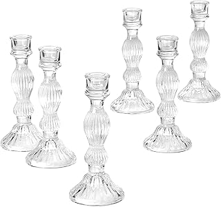 Serene Spaces Living Set of 6 Ribbed Glass Candlestick Holders, Fluted Glass Taper Candleholder for Weddings, Events, Dinner Table, Measures 8