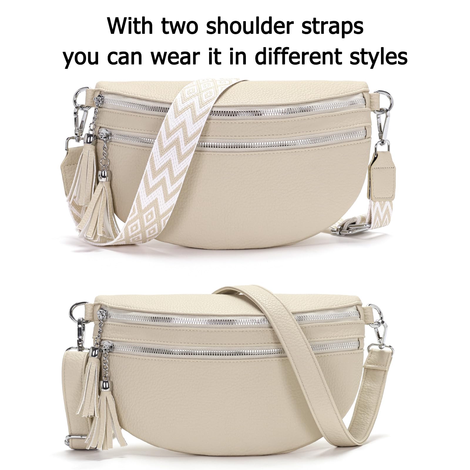LANXINGLUO sac banane femme Beige sac bandoulière femme tendance sacs à main Moyen Livré avec deux bandoulières et des emplacements pour cartes