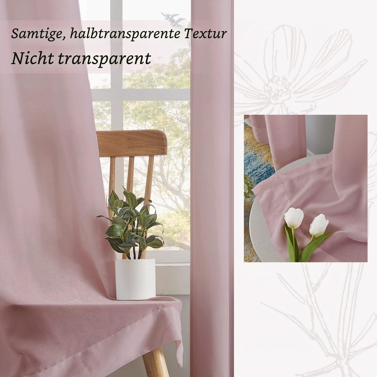 Melodieux Halbtransparente Vorhänge in Altrosa, 213 cm lang, für Schlafzimmer, Wohnzimmer, natürliche Baumwolle, Textur, Stangentasche, Fenster, 132 x 213 cm (2 Stoffbahnen)
