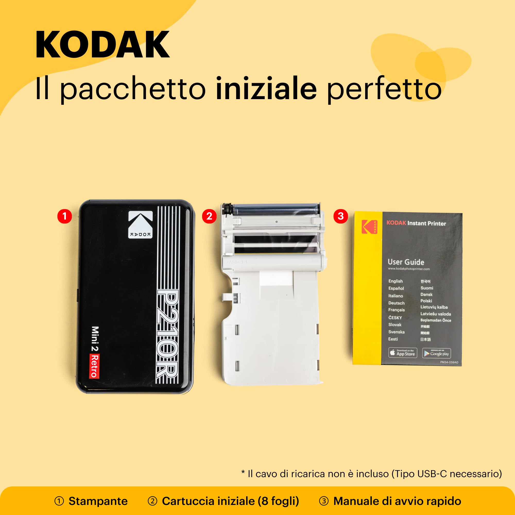 KODAK Mini 2 Retro 4PASS Stampante Fotografica Portatile (5.3x8.6cm) + 8 Fogli, Nero