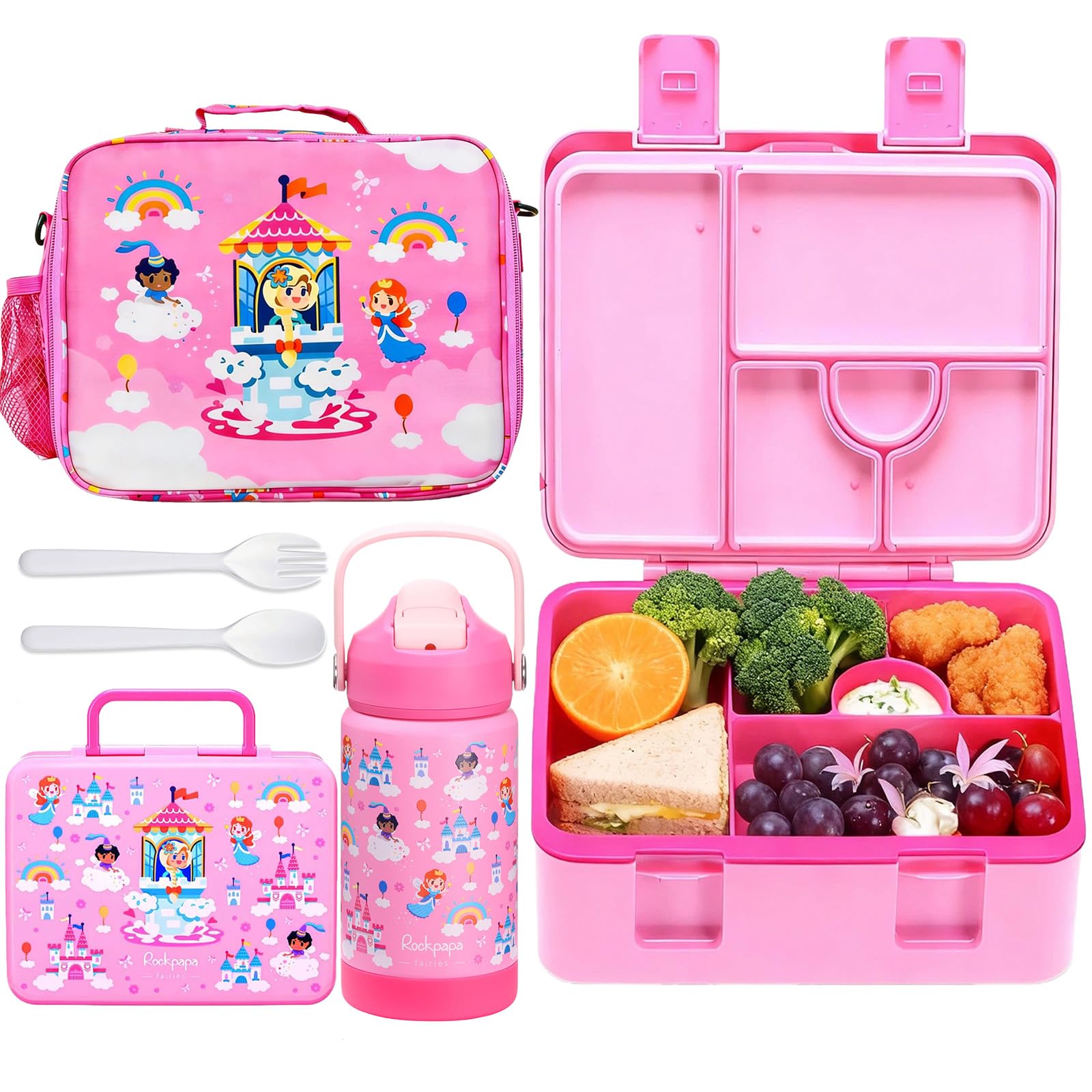 rockpapa Kids Bento Lunch Box Set with Insulated Water Bottle, Pink Fairies
