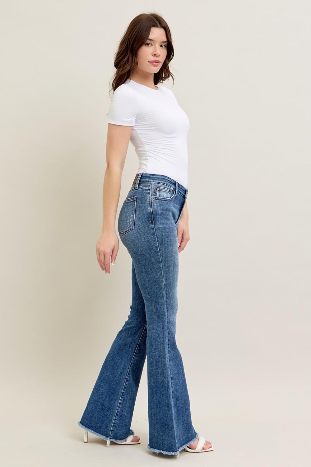 Judy Blue - Mid Rise Vintage Wash Fray Hem Flare Jeans