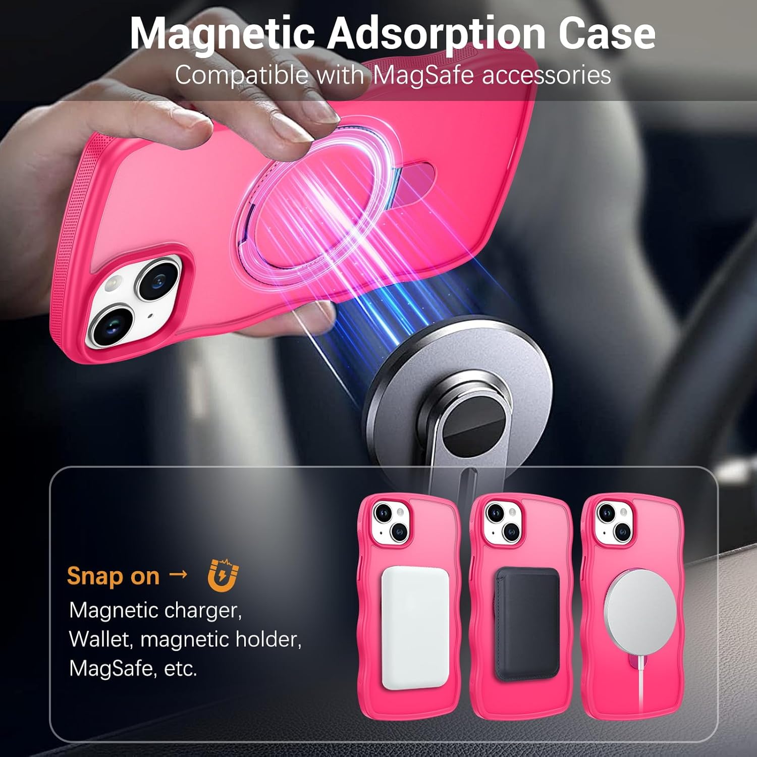 BENTOBEN for iPhone 15 Plus Case with Invisible Magnetic O-Ring Stand, [Compatible with Mag-Safe] Wavy Curly Magnetic Translucent Matte Shockproof Kickstand Cover for iPhone 15 Plus 6.7'' Hot Pink - Image 6