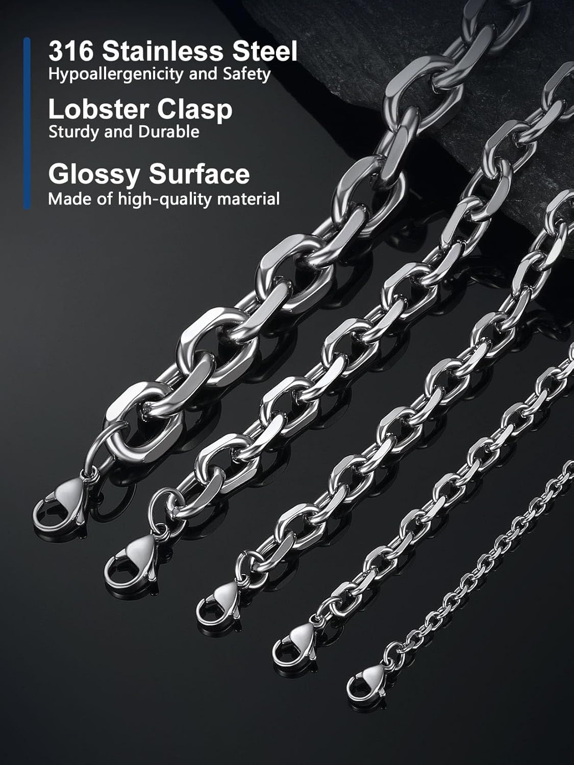 Stainless Steel Chain for Men,Silver/Black/Gold Plated Rolo Cable Chains Necklace Mens 5mm/7mm/9mm/12mm Width,18"-30" Hip Hop Accessories Jewelry Gifts for Father's Day Valentine's Day Christmas - Image 5