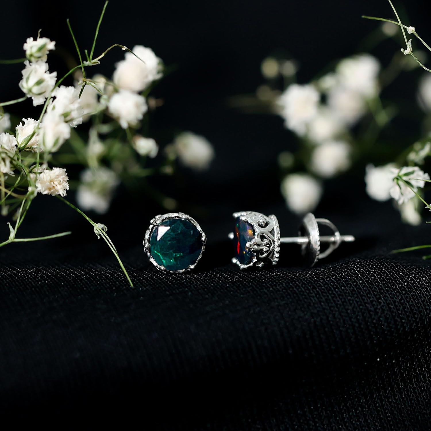 Natural 1.6 Carat Black Opal Stud Earrings in Silver, AAA Quality, Certified Vintage Opal Earrings - Gifts For Women - Image 3