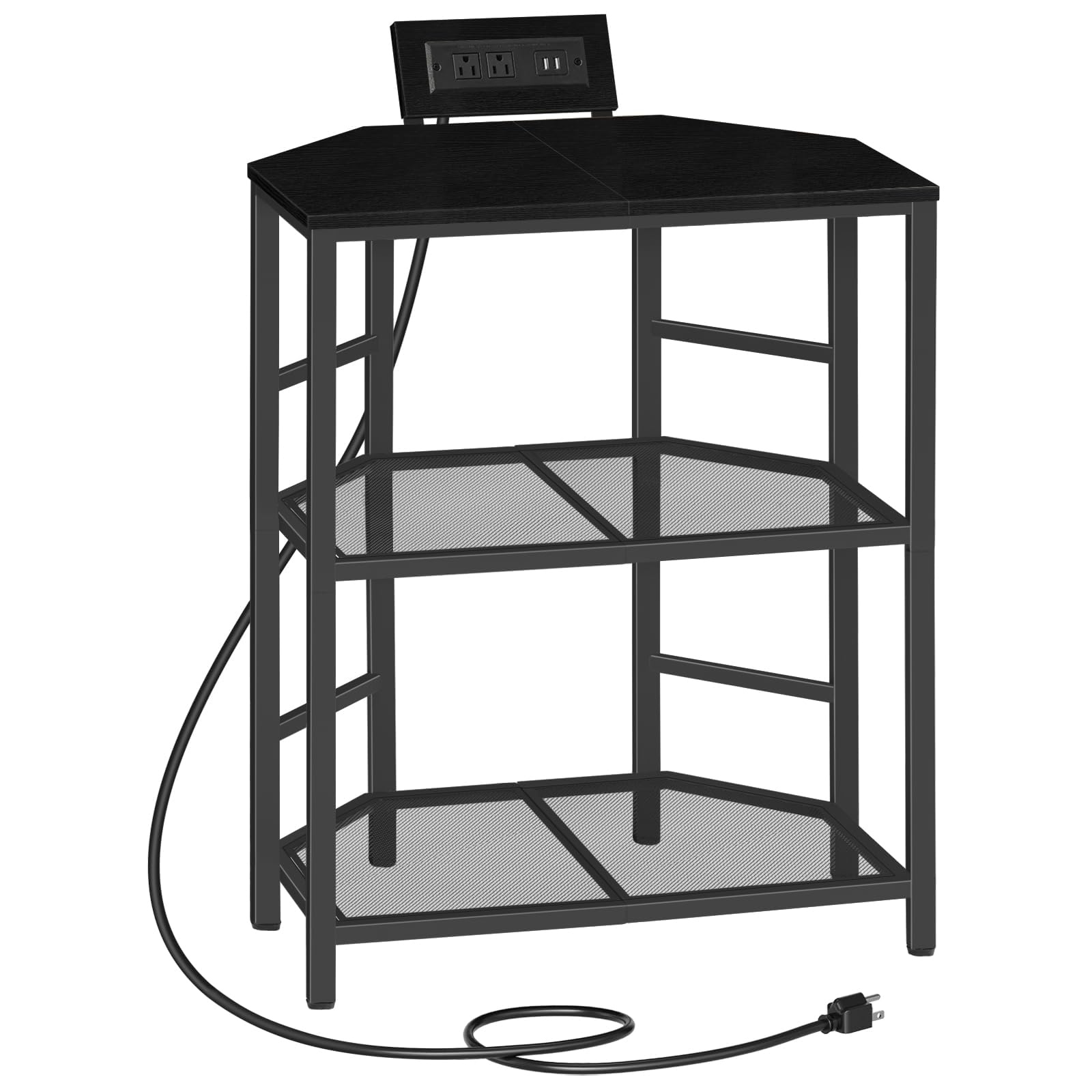 Corner Printer Stand with Charging Station, 3-Tier Large Printer Table with Adjustable Feet, Metal Frame Storage Shelf for Office, Living Room, Small Space, Black PTBK14E01