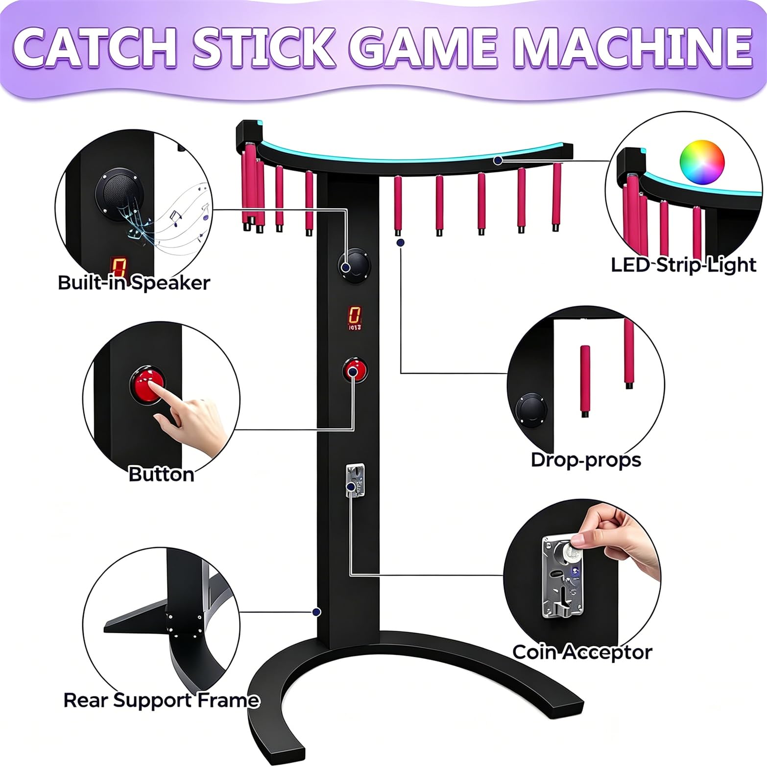 Gra Zręcznościowa Catching Stick, Maszyna Na Monety Do Treningu Koordynacji Ręka-Oko Z Diodami LED, Szybka Gra Zręcznościowa Na Imprezy, Wieczory Rodzinne, Do Użytku Komercyjnego
