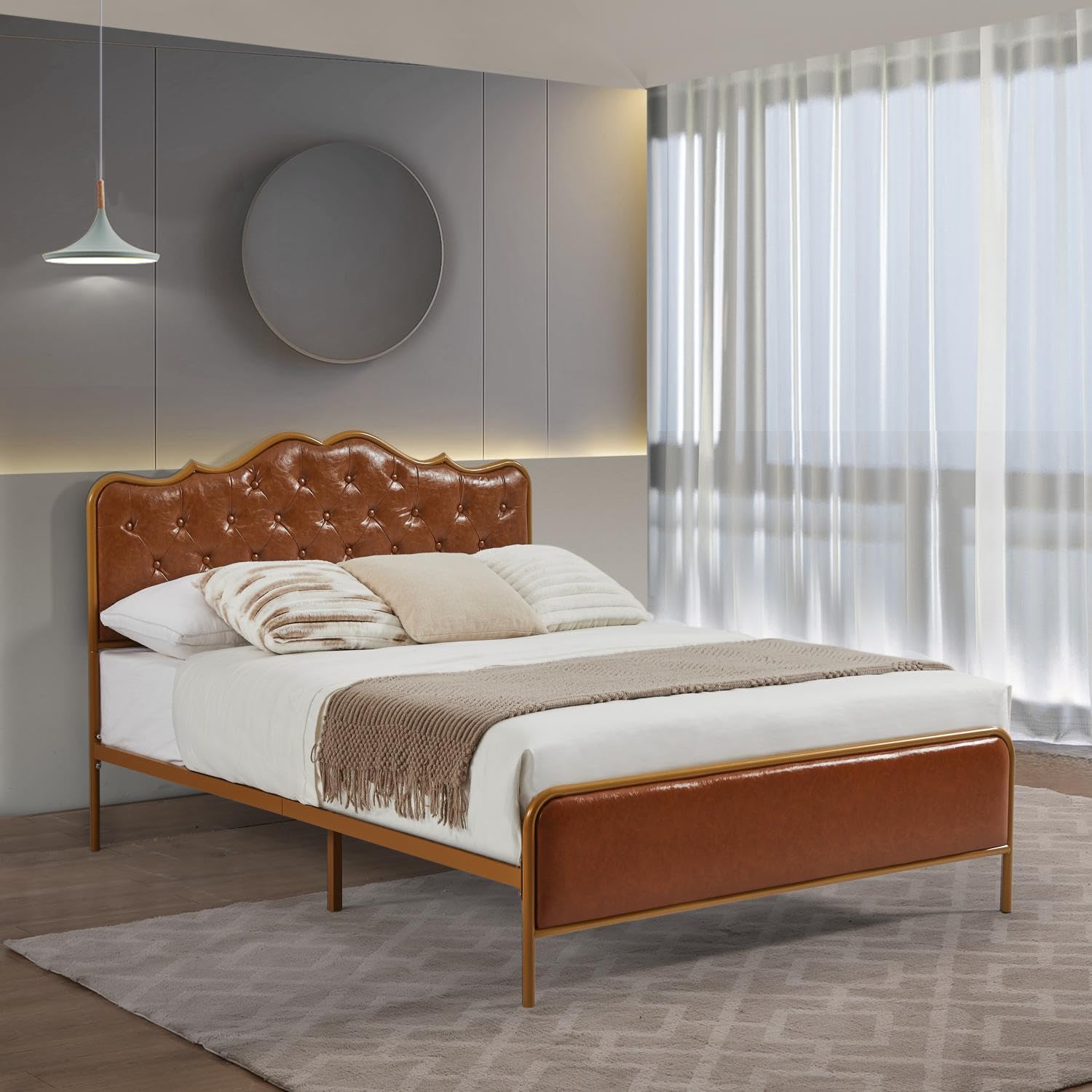 Dolonm Full Size Classic Buckle Backrest Platform Bed Frame, Metal Frames Bed Foundation with Wooden Slats Support, Coffee Leather Sponge Soft Bag Beds