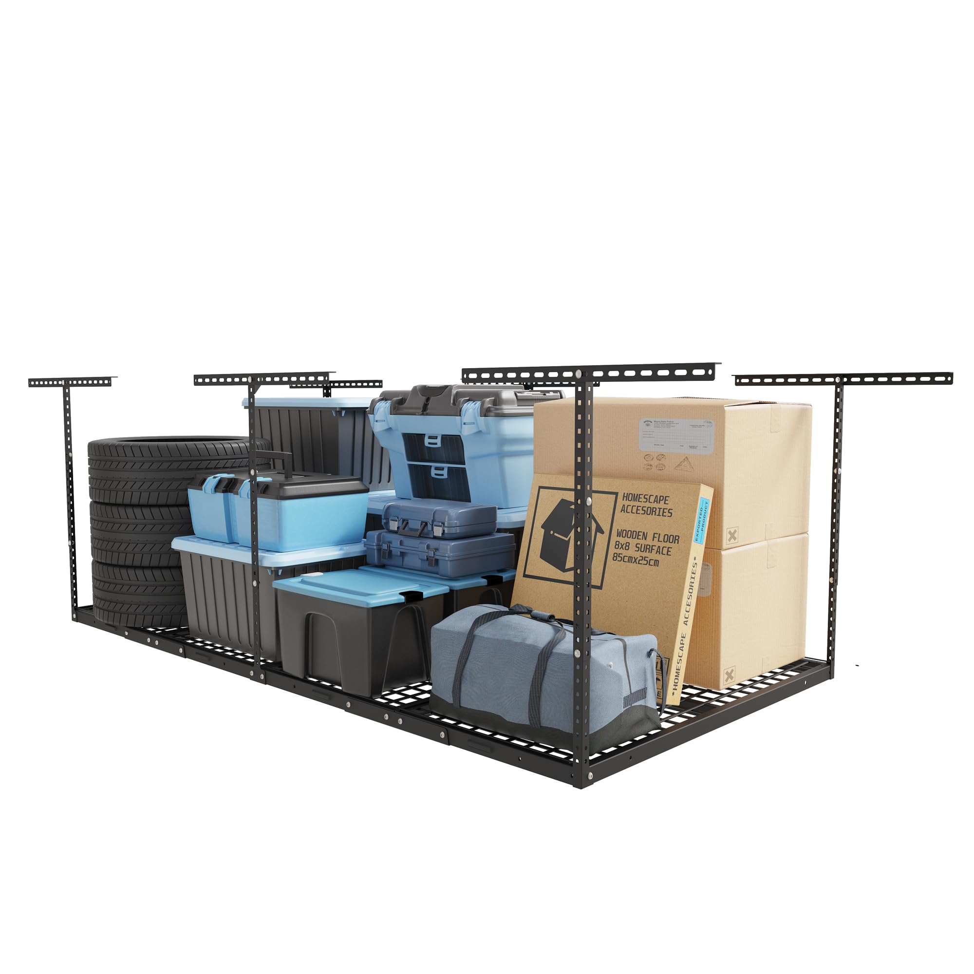 FLEXIMOUNTS 4x8 Overhead Garage Storage Rack Adjustable Ceiling Garage Rack Heavy Duty, 96" Length x 48" Width x (22''-40" Ceiling Dropdown), Black (Two-Color Options)