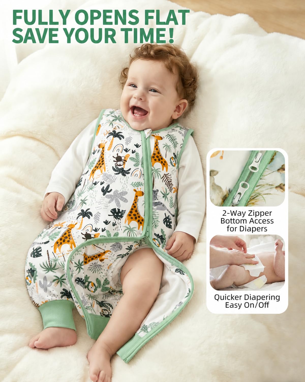 JiAmy Saco de Dormir para Bebé con Pies de Verano 1,0 1,5 TOG Paquete de 2 Algodón Manta Envolvente para Dormir Cremalleras Súper Transpirable para Niñas Niños 6 Meses - 6 Años