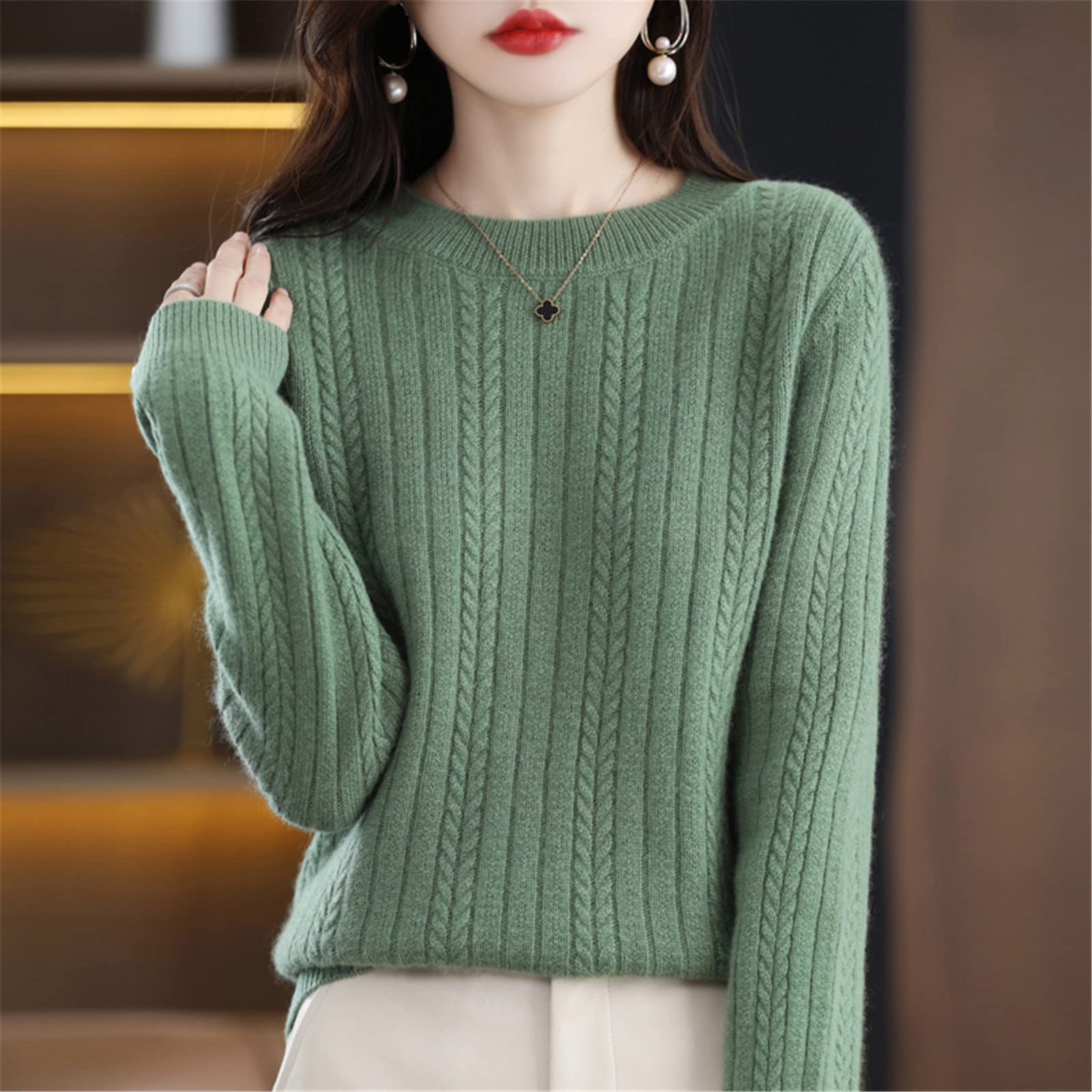 Suéter de cachemira para mujer, cuello redondo, suéter de otoño e invierno, nudo superior, suéter de lana engrosada, Camello dorado, S