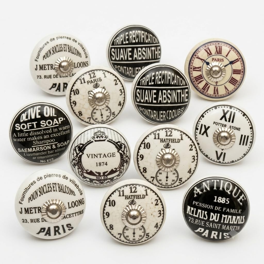 SHYAMVUN The Time Clock Assorted Designs Ceramic Door Knobs, Vintage, Shabby Chic, Interior Furniture, Cabinet Cupboard Wardrobe Drawers Pulls Handles (10-Pack)