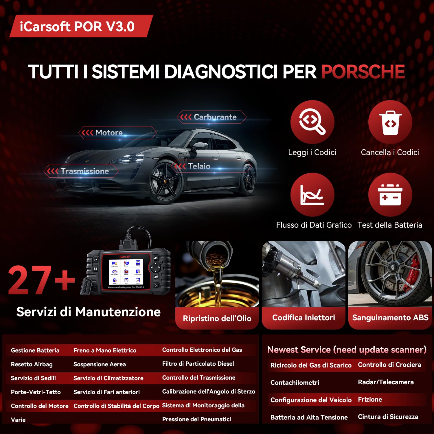 iCarsoft POR V3.0 OBD2 Auto Diagnostica per Porsche/Cayenne/Macan, Diagnosi Auto Professionale in Italiano per Tutti i Sistemi, 27 Funzioni di Ripristino, Test Bidirezionale, Aggiornamento a Vita