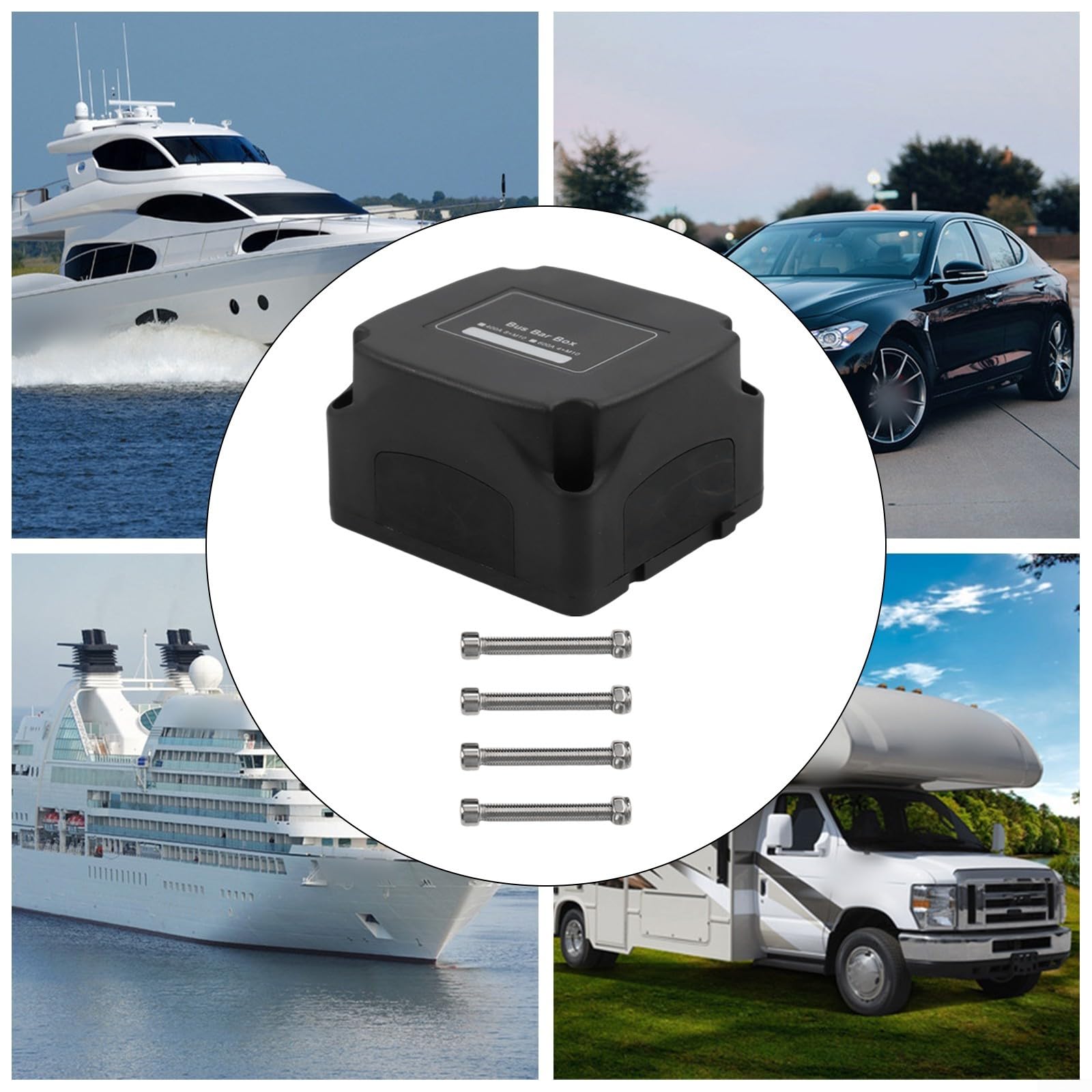 400A Marine Sammelschienen-Verteilerplatte mit M10-Klemmen für Wohnmobile, Boote und LKWs - 12 V bis 48 V DC, verstärktes Nylongehäuse, Kupfer-Sammelschienen, Schwarz