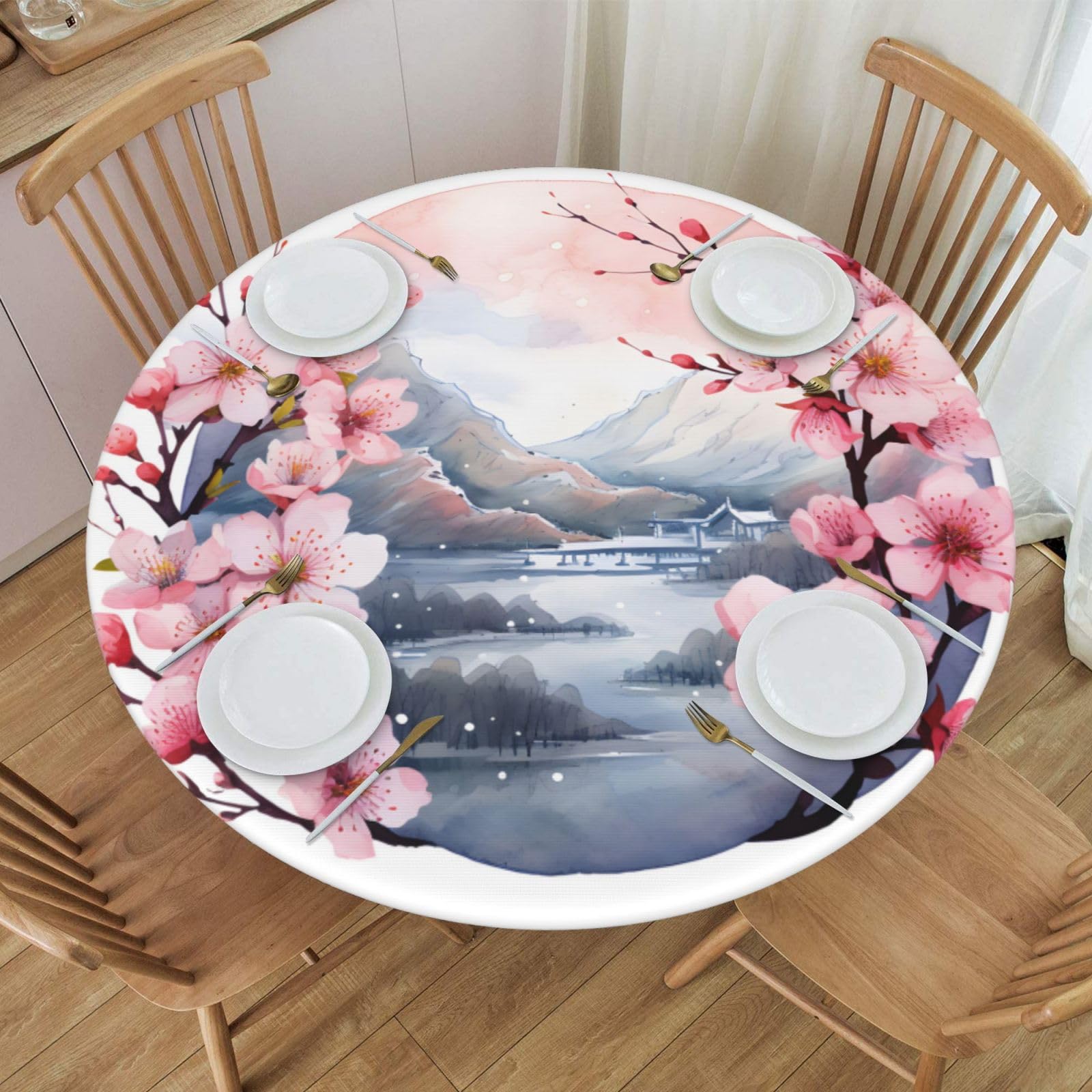 Mexpekil Round Fitted Table Cover with Elastic Edged Cherry Blossom Wipe Clean Tablecloth Waterproof Table Protector for Outdoor S fits 40-44 Inch Round Table
