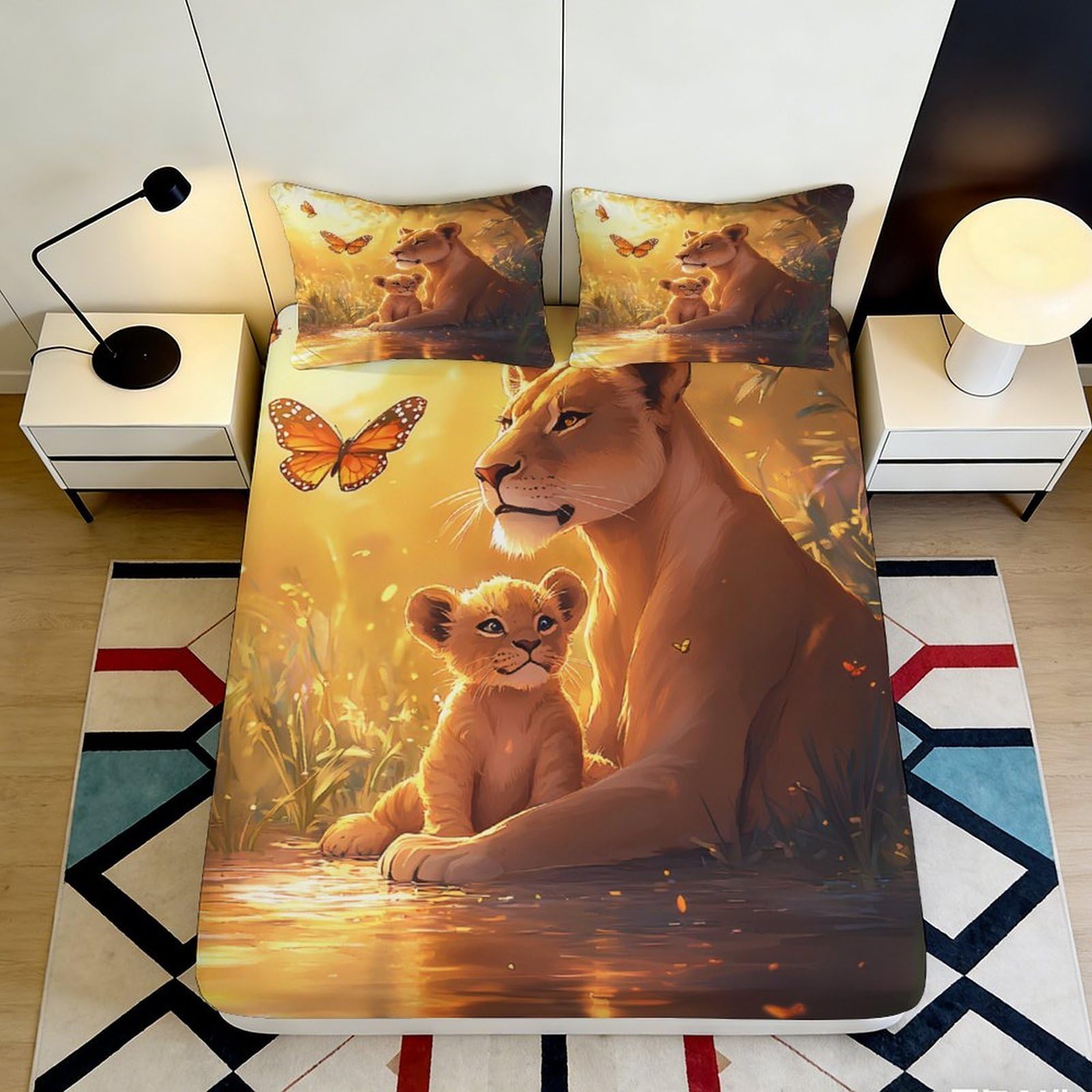 Uynsixtme Style-2 3D Printed African Lion Fitted Sheet Microfiber Non-Slip Deep Pocket Wildlife Lion Mattress Fitted Cover For Bedroom Bedding Set 200X200x25cm