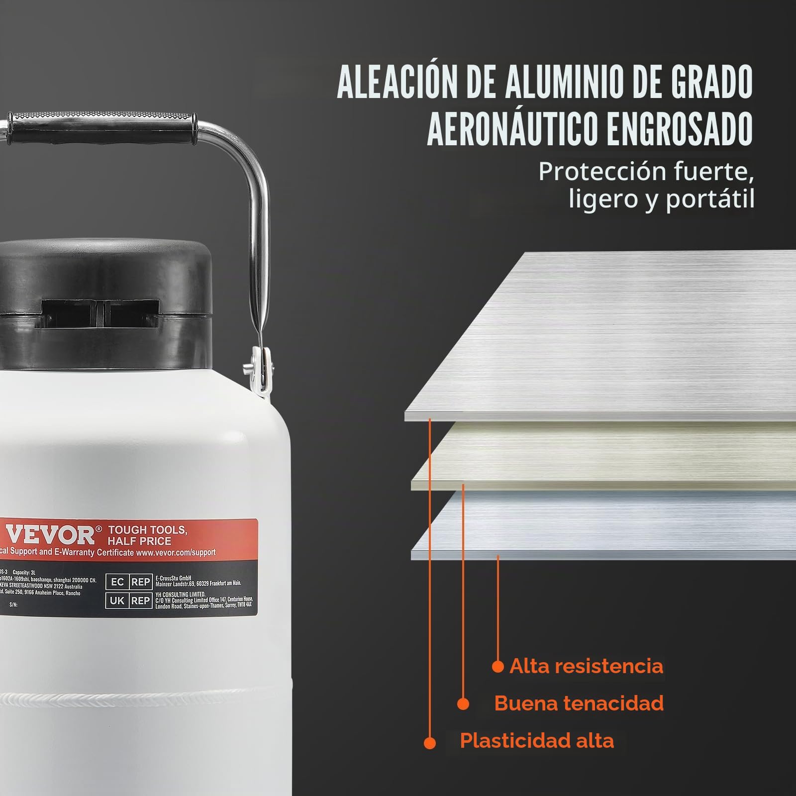VEVOR Tanque de Nitrógeno Líquido Contenedor de Nitrógeno Líquido de Aleación de Aluminio de 3 L, Tanque LN2 con 6 Botes y Bolsa de Transporte con Correas para Conservación de Semen, Científico