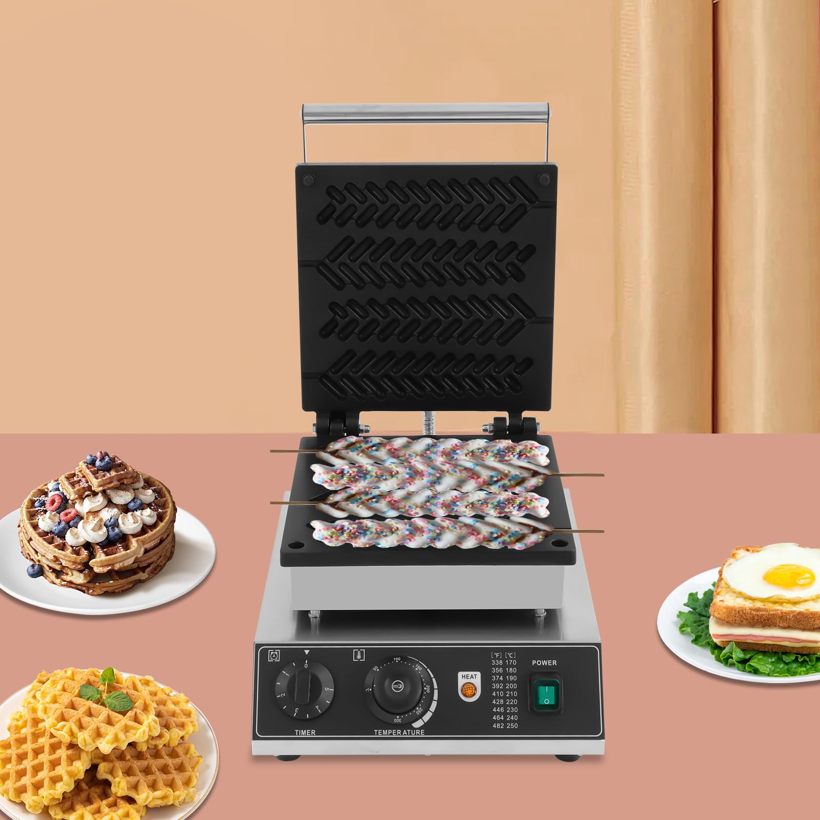 Gofrera eléctrica de 220 V, antiadherente, para 4 gofres de espiga de trigo, 1,7 kW, de acero inoxidable, con temporizador y control de temperatura, ideal para uso doméstico y comercial