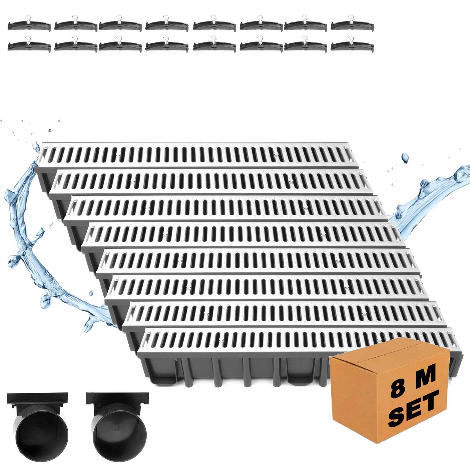 2x1m ACO Entwässerungsrinne mit Edelstahlrost Ablauf horizontal Bodenrinne Ablaufrinne