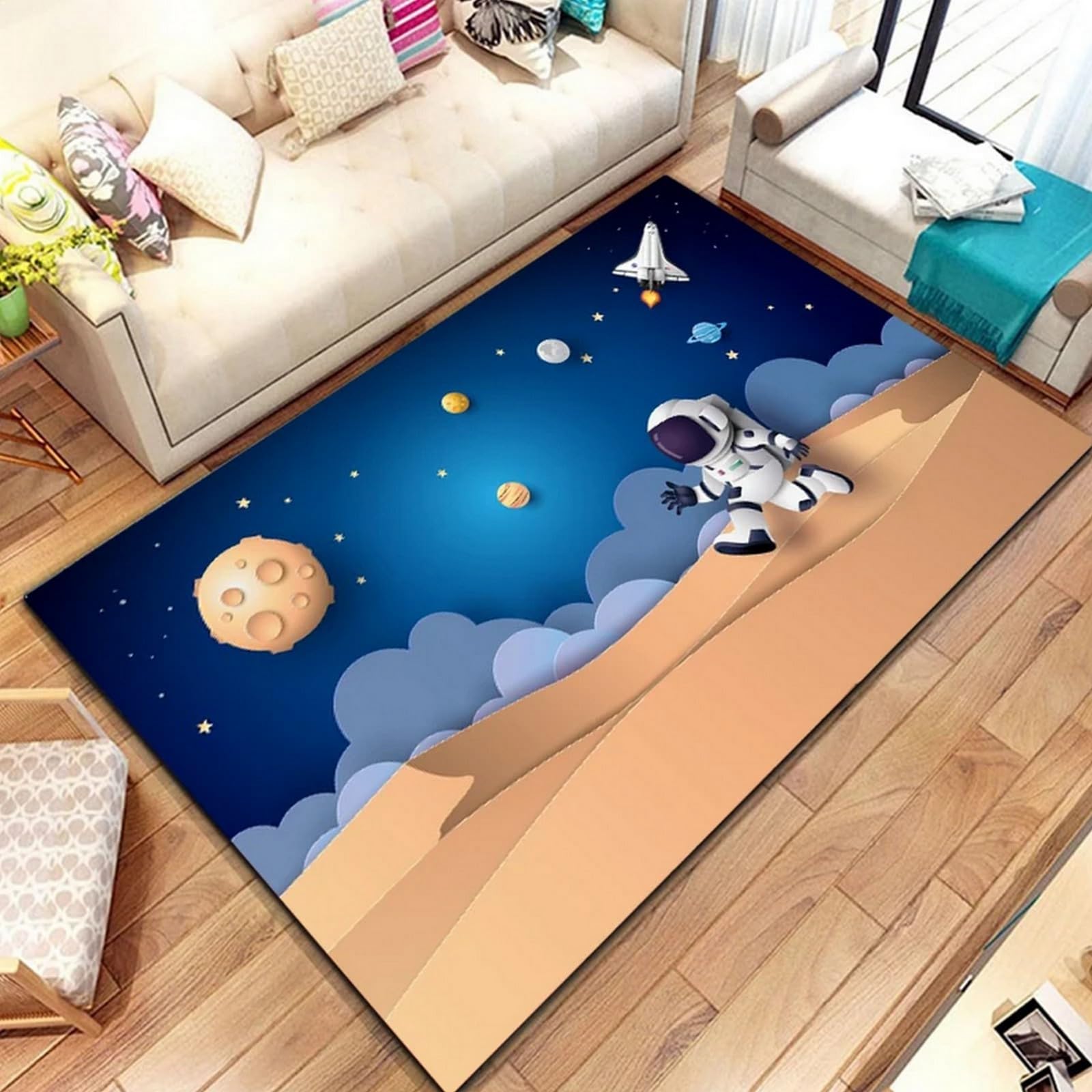 Kids Rug, Cartoon Spaceship Astronaut Planet Space Area Rug Carpet For Living Room Bedroom Playroom Classroom, Kids Rugs Non Slip Machine Washable - Polyester Soft Touch Easy Clean 50 X 80 Cm / 1-5Y6
