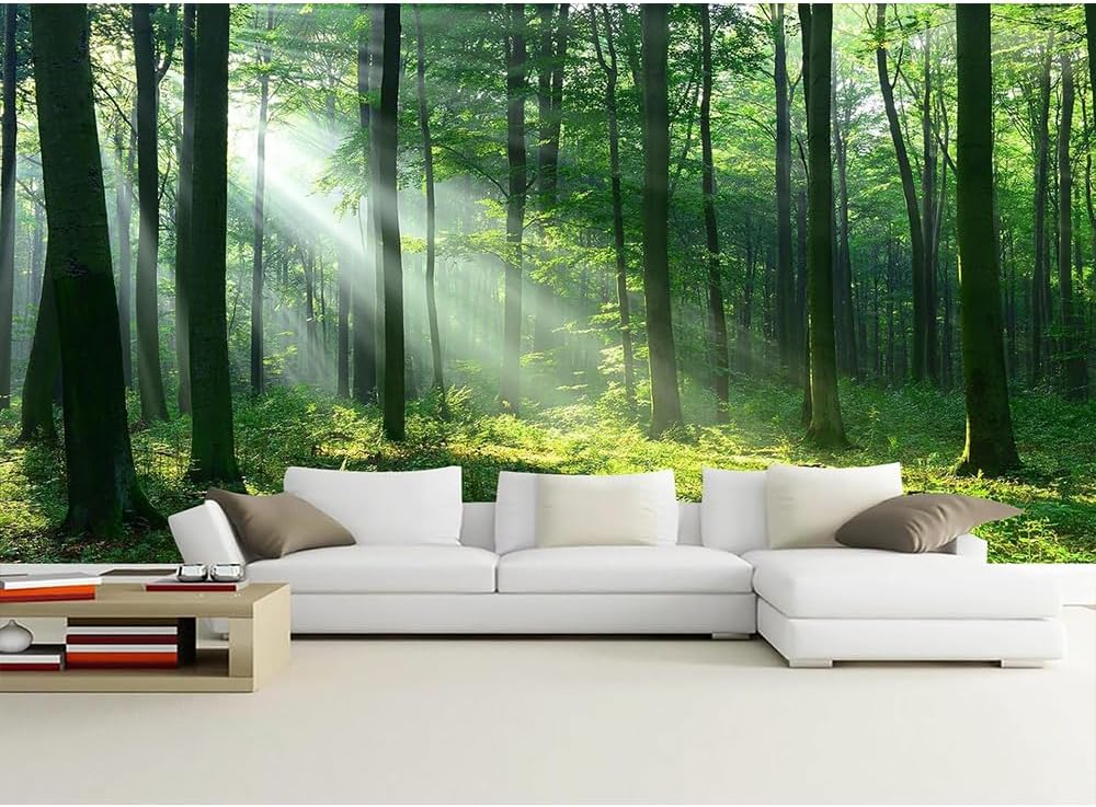 Custom Foggy Forest Peel and Stick Mural Green Woodland Tree Wallpaper Nature Landscape Forest Wall Murals