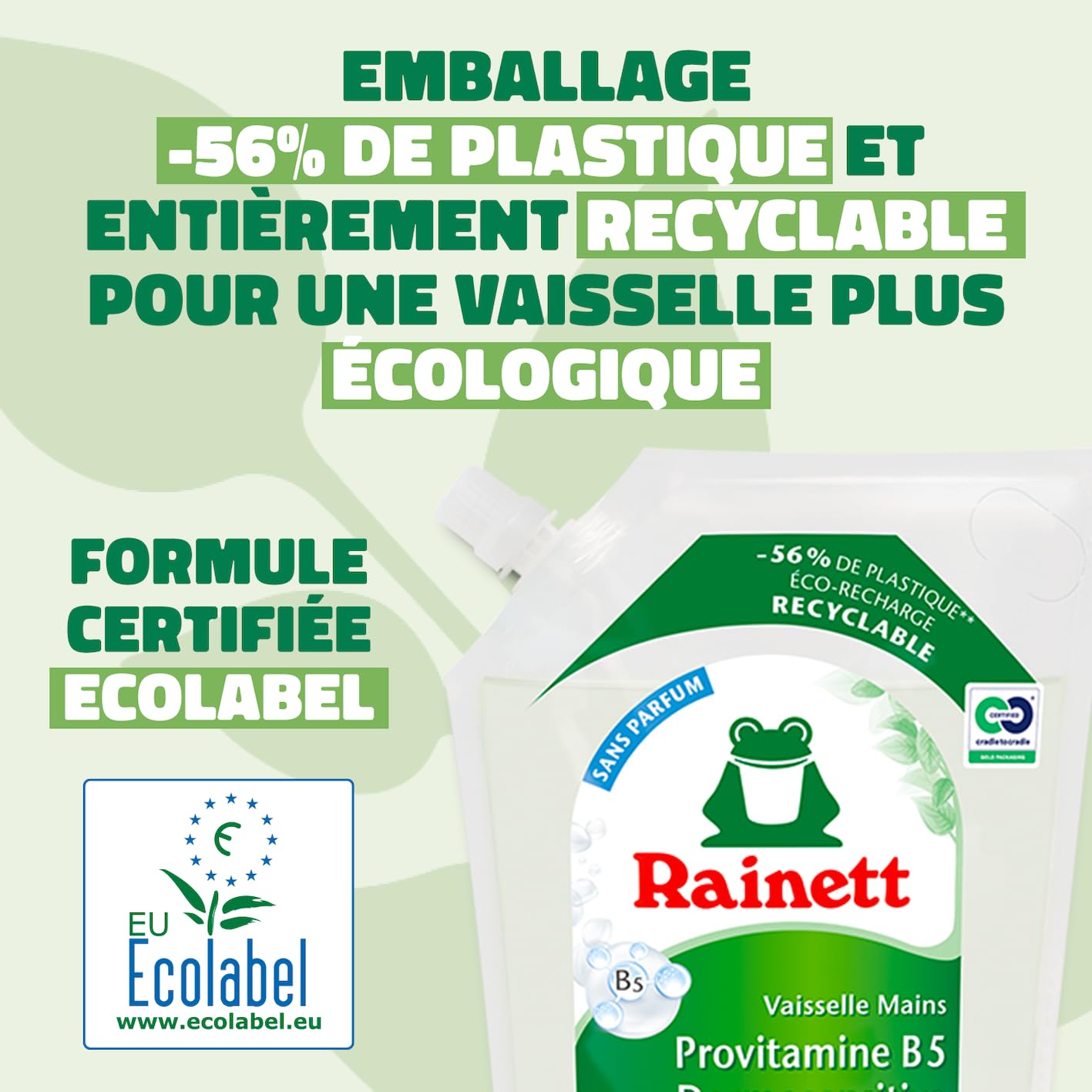 RAINETT - Liquide Vaisselle Mains Dermosensitive - Éco-Recharge 1 L - Formule Hypoallergénique - pH Neutre - Préserve les Peaux Sensibles - Poche 100% Recyclable - Ecolabel - Éco-Recharge 1 L