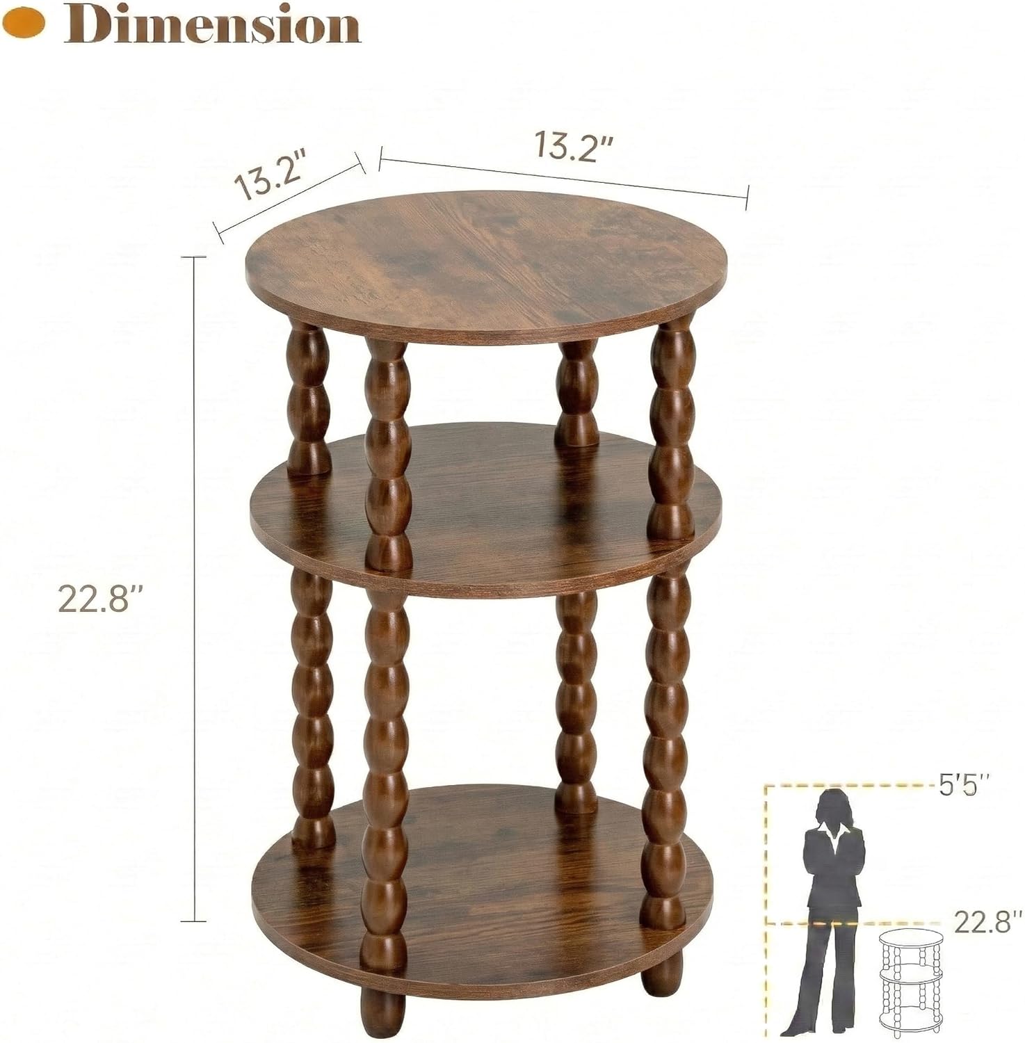Round Side Table with 3-Tier Shelves, Small End Table with Solid Wood Legs for Living Room Bedroom, Modern Circular Coffee Table Nightstand for Small Spaces, Easy No-Tool Assembly