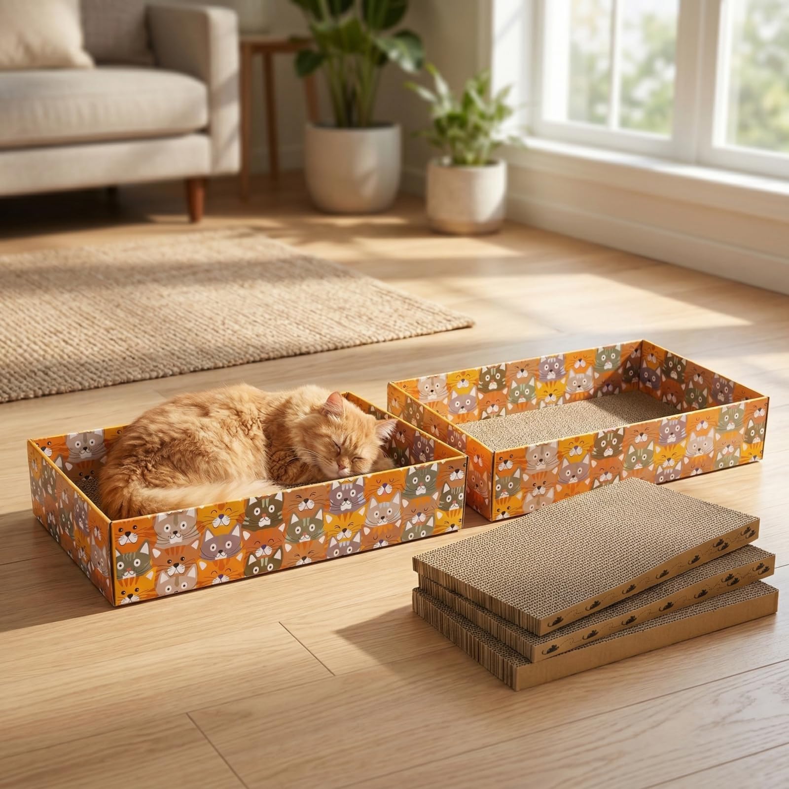 Pumtus Juego de 2 rascadores de cartón para gatos, 6 almohadillas corrugadas para gatos con 2 cajas, bonito sofá cama reversible para gatitos, salón recargable en forma de onda, juguete interactivo