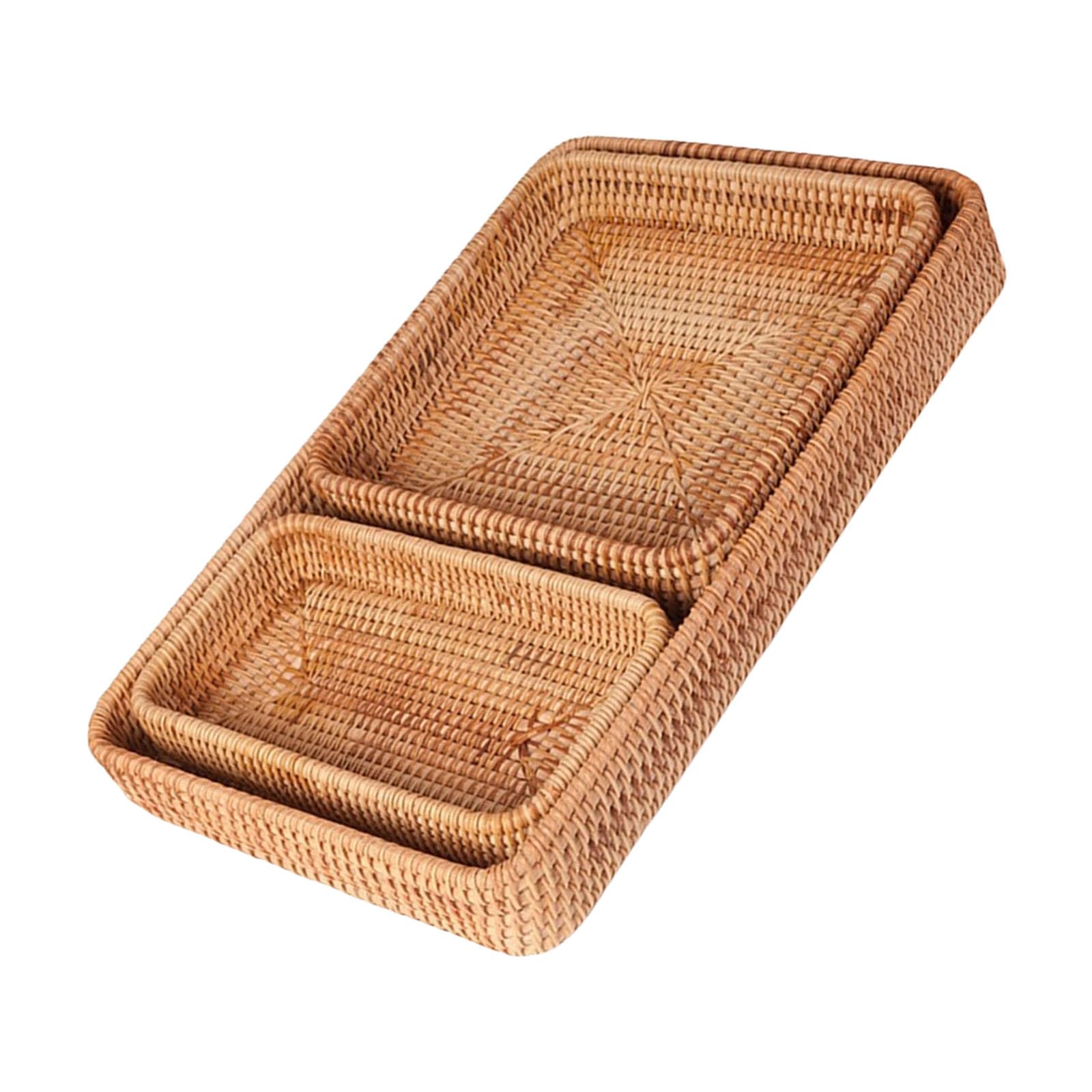 APGLSXY Woven Rattan Serving Trays Pack of 3 Rectangular Storage Baskets Natural Fiber Organizers for Kitchen Countertops Rattan Serving Tray Set